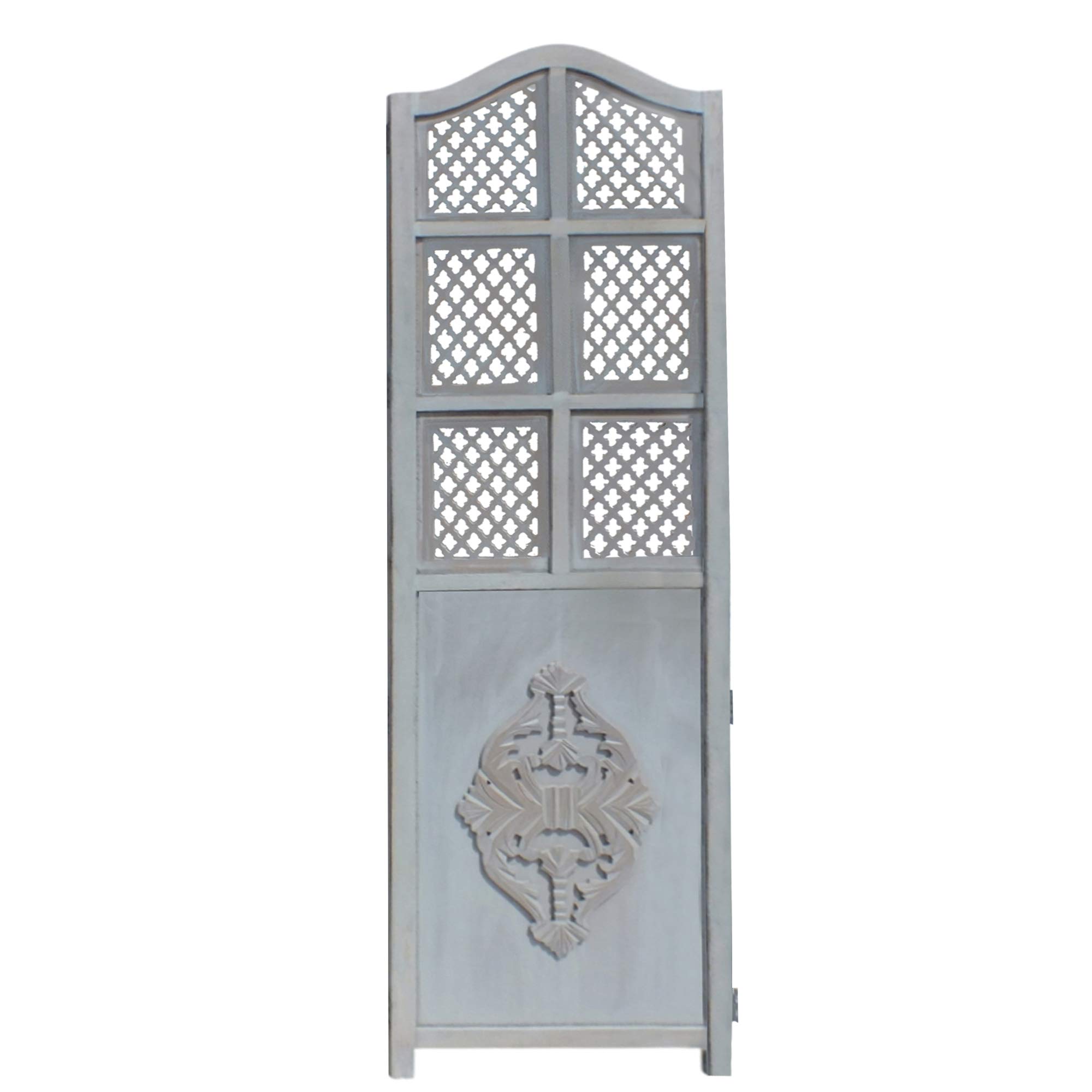 TUP The Urban Port 3-Panel Wooden Room Divider with Traditional Carvings & Cutouts - Blue Privacy Screen for Home, Office, Studio or Event Decoration