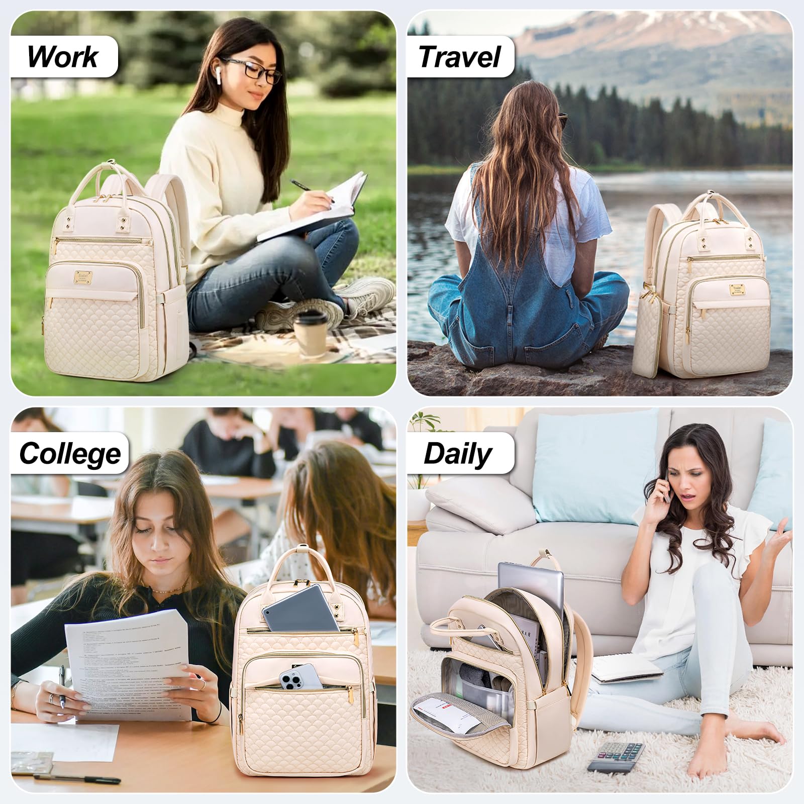 Stylish 15.6 Inch Water Resistant Laptop Backpack for Women - Durable Work & Travel Backpack with Wallet - Perfect for College, Business Trips & Commuting (Beige)