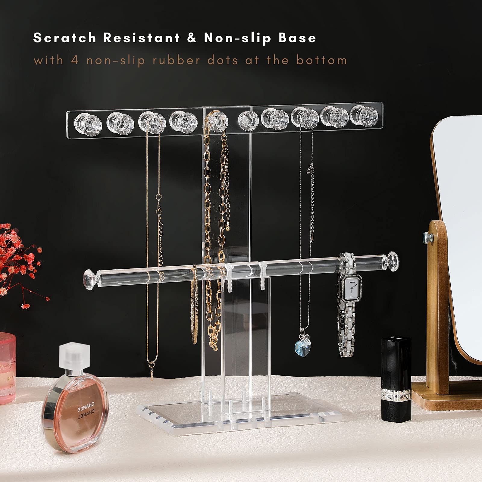 2-Tier Acrylic Jewelry Stand with 18 Diamond Hooks - Clear Necklace Organizer for Watches & Bangles - Perfect Jewelry Display & Gift for Women - Ideal for Bedroom Vanity, Boutique Store, and Wedding Jewelry Showcase