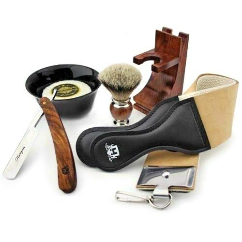 Premium Men's Shaving Kit - 6-Piece Wooden Grooming Set with Badger Hair Shaving Brush, Safety Razor, Soap Bowl, Leather Strop & Stand - Perfect for Wet Shaving, Travel & Gift Giving