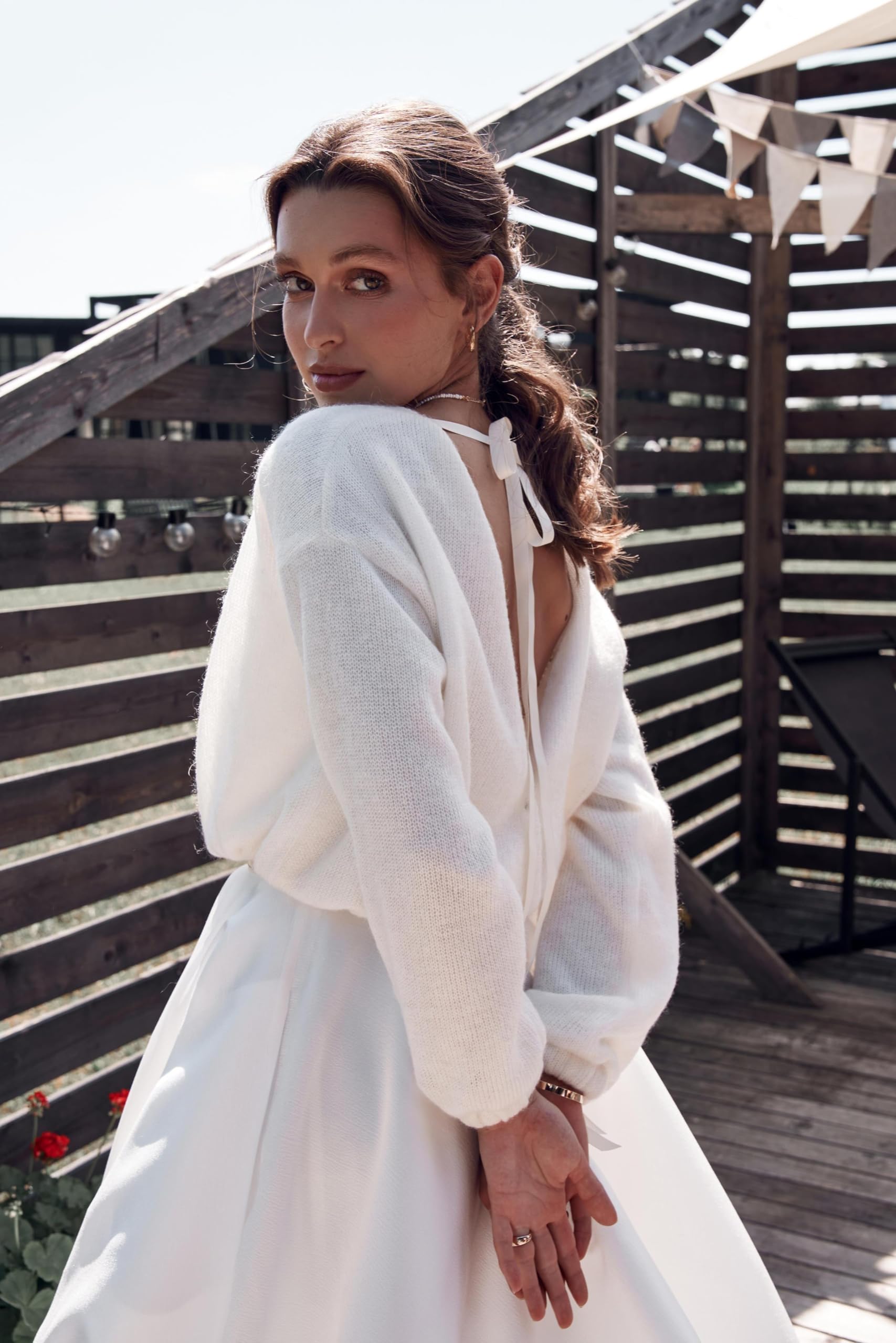 Ivory Knitted Bridal Cardigan Sweater with Ribbon Details - White Wedding Pullover & Shawl for Spring Weddings - Perfect for Bridal Party, Engagement Photos & Romantic Ceremonies (Size XL)