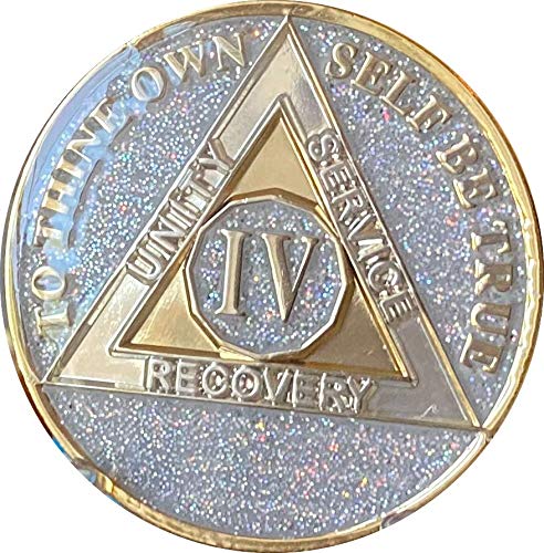 4 Year AA Medallion Silver Opal Glitter Multi-Color Sobriety Chip - Recovery Token for AA Meetings, Sobriety Milestone Gift & Addiction Support Jewelry