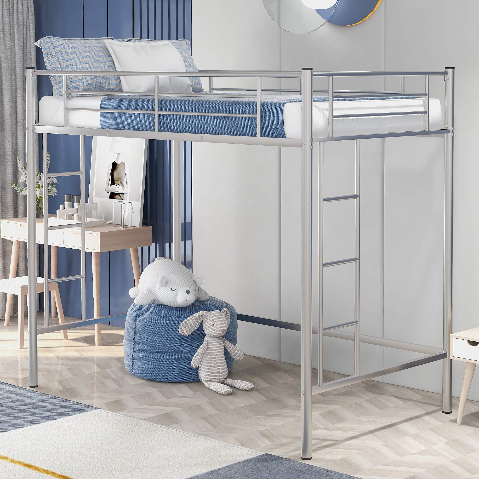 Sturdy Metal Twin Loft Bed with 2 Ladders & Safety Rails - Space Saving Kids Bunk Bed Frame for Small Bedrooms - Modern Silver Loft Bed for Teens & Children - Perfect for Dorms, Apartments & Shared Rooms