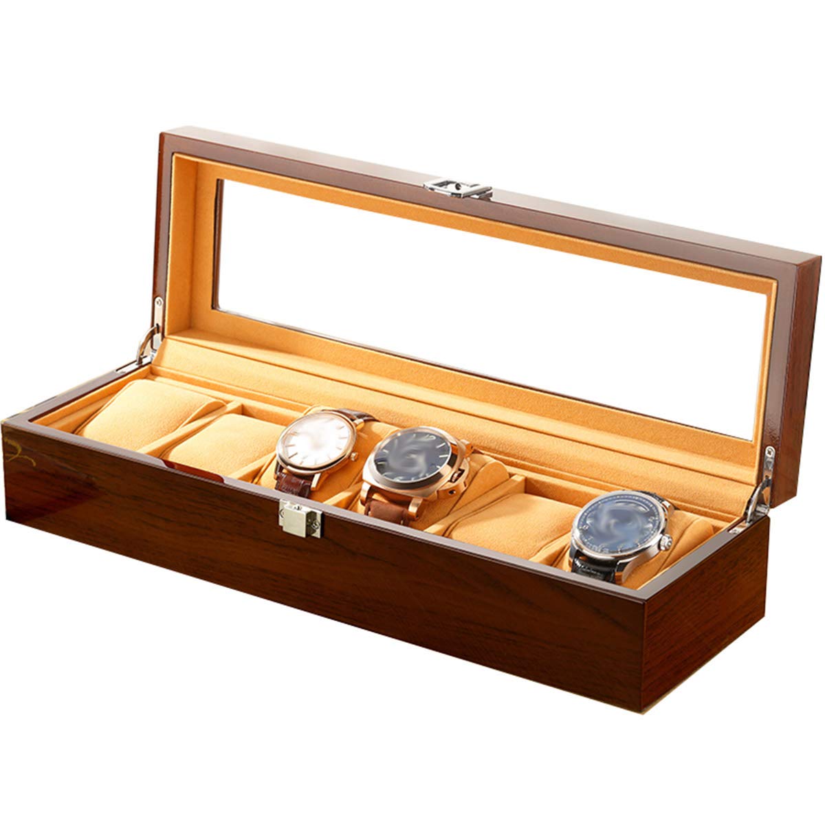BYCDD Luxury Watch Box Organizer - Wooden Watch Case with Secure Lock, Glass Top & Removable Cushions - Jewelry Storage Display Case for Men & Women (Brown) - Perfect for Watch Collectors, Gift Giving & Home Décor