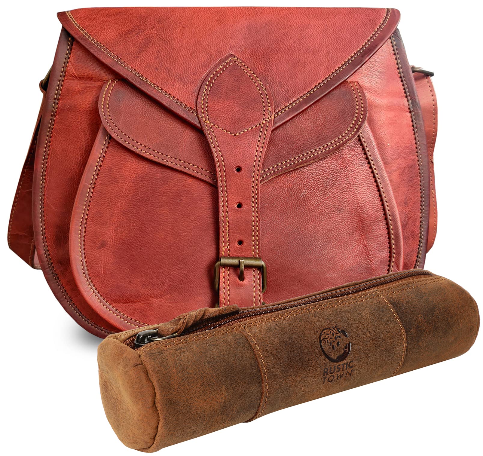 Vintage Leather Crossbody Purse for Women with Matching Leather Pencil Case - Stylish Handbag & Office School Supply Organizer - Perfect for Work, College, Commuting & Everyday Use