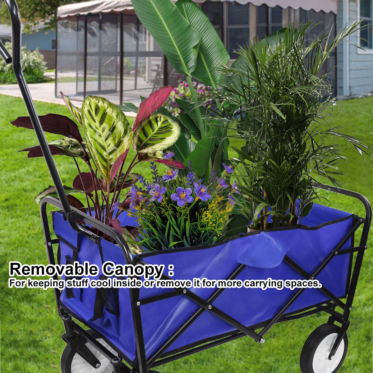 Collapsible Outdoor Utility Wagon Cart - Lightweight Folding Wagon with Removable Canopy & Extra Padding - Blue - Perfect for Camping, Beach Trips, Picnics and Outdoor Adventures