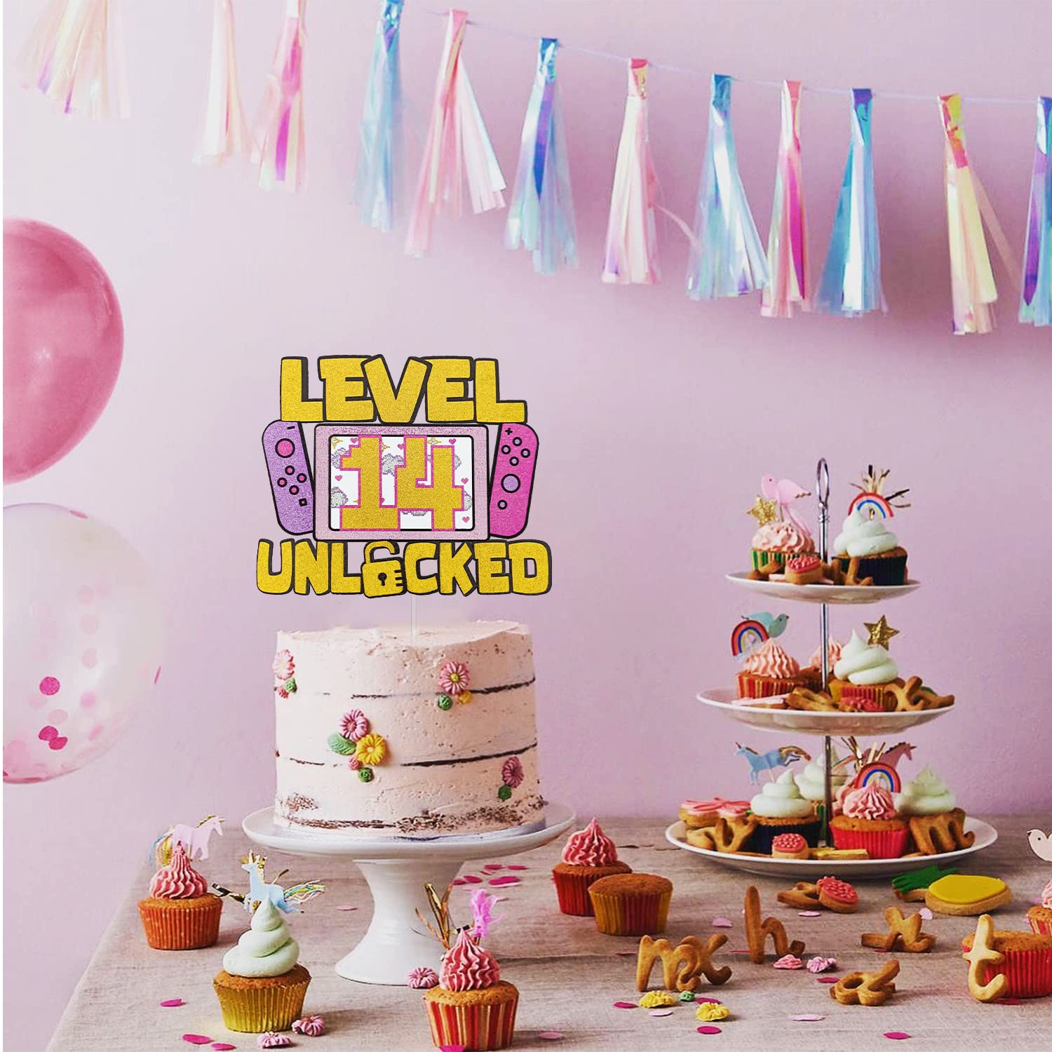 Girls Level 14 Unlocked Glitter Cake Topper - Video Game Themed Birthday Party Decoration for Girl Gamers | Perfect for 14th Birthday Cakes, Gaming Parties & Gamer Favors