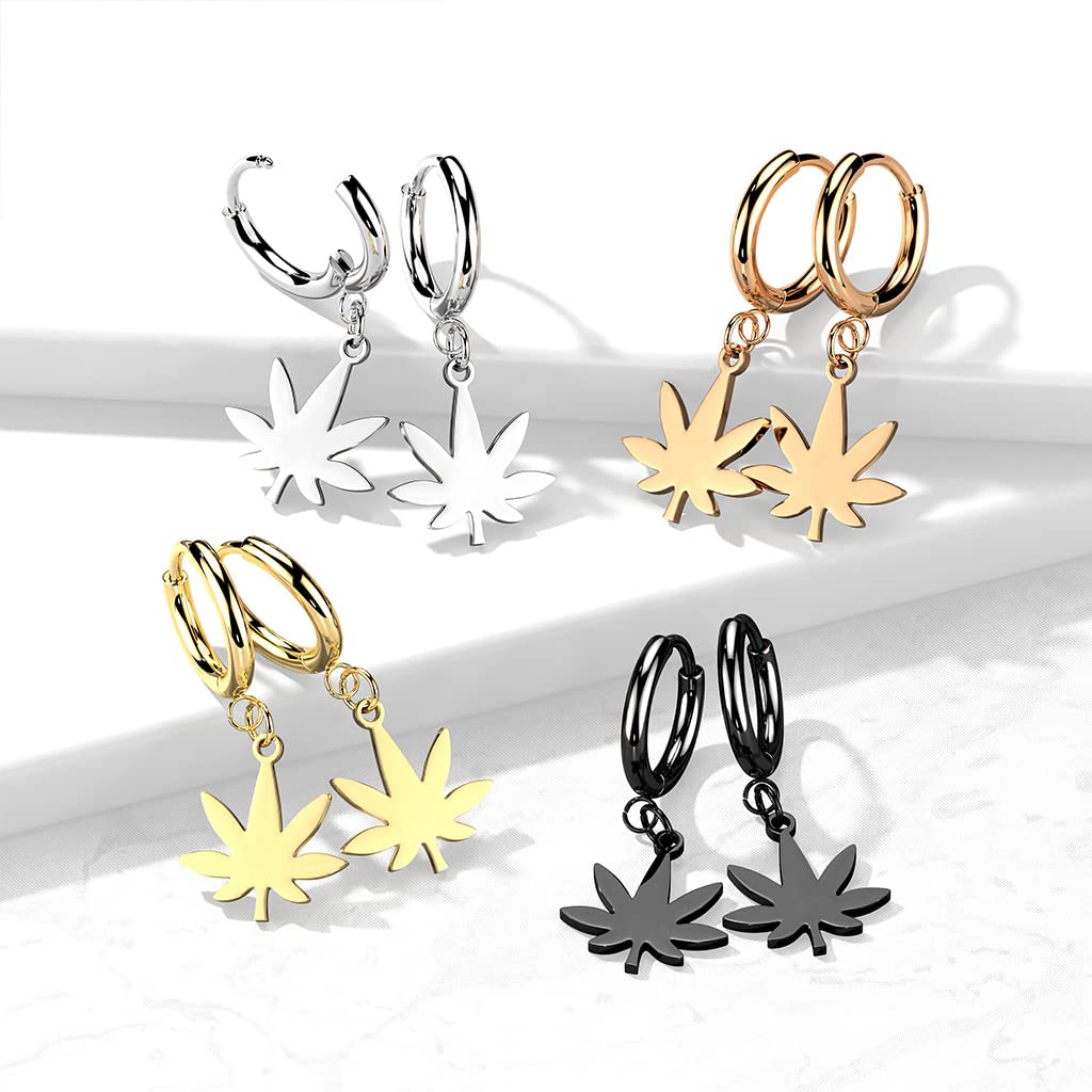 316L Stainless Steel Hinged Hoop Earrings with Cannabis Leaf Charm - Durable Hypoallergenic Jewelry for Women - Perfect for Festivals, Concerts, and Boho Fashion