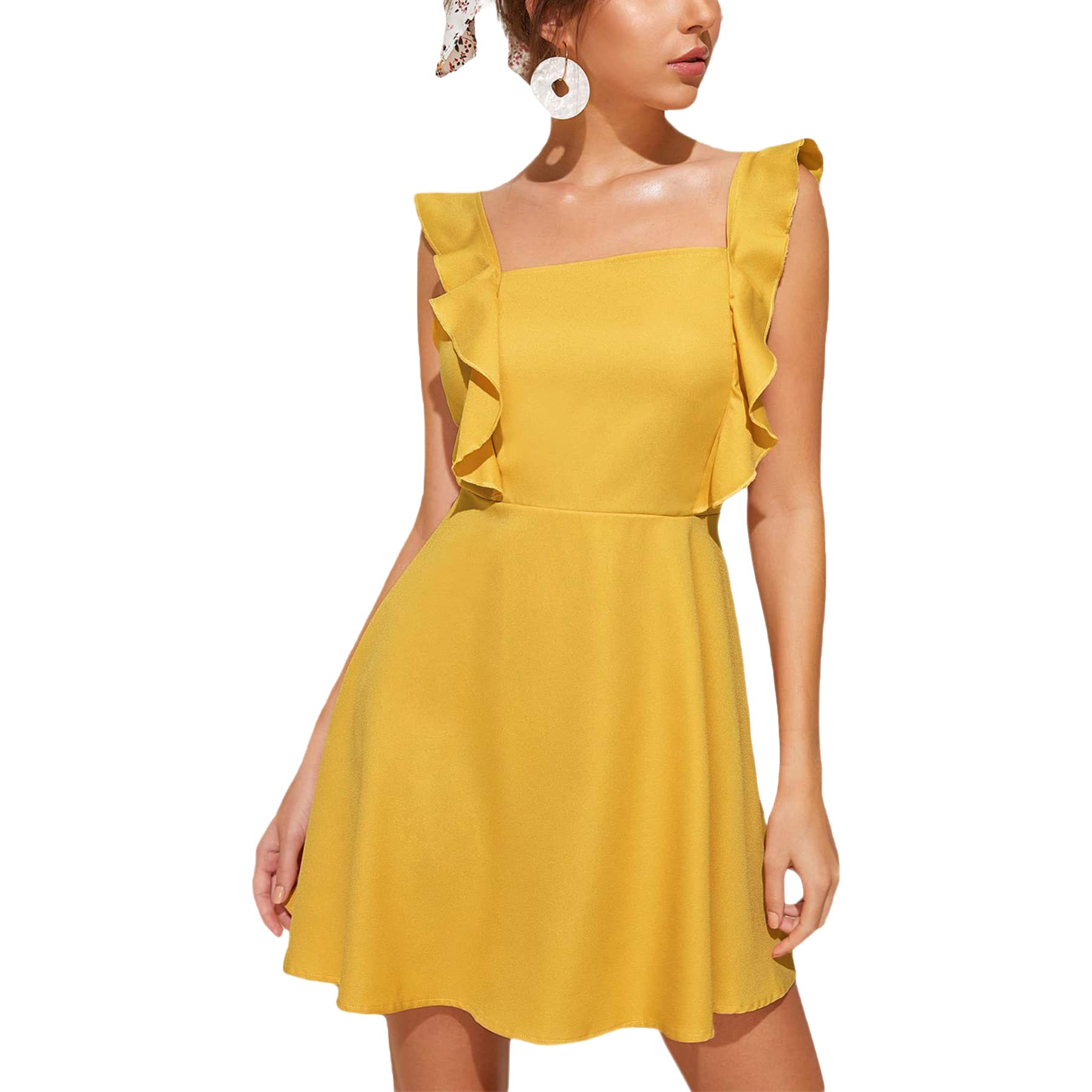 HDN Women's Cute Lace-Up Ruffle A-Line Flared Short Dress - Sleeveless Casual Summer Dress with Back Lace Detail | Perfect for Beach Vacations, Date Nights & Outdoor Parties