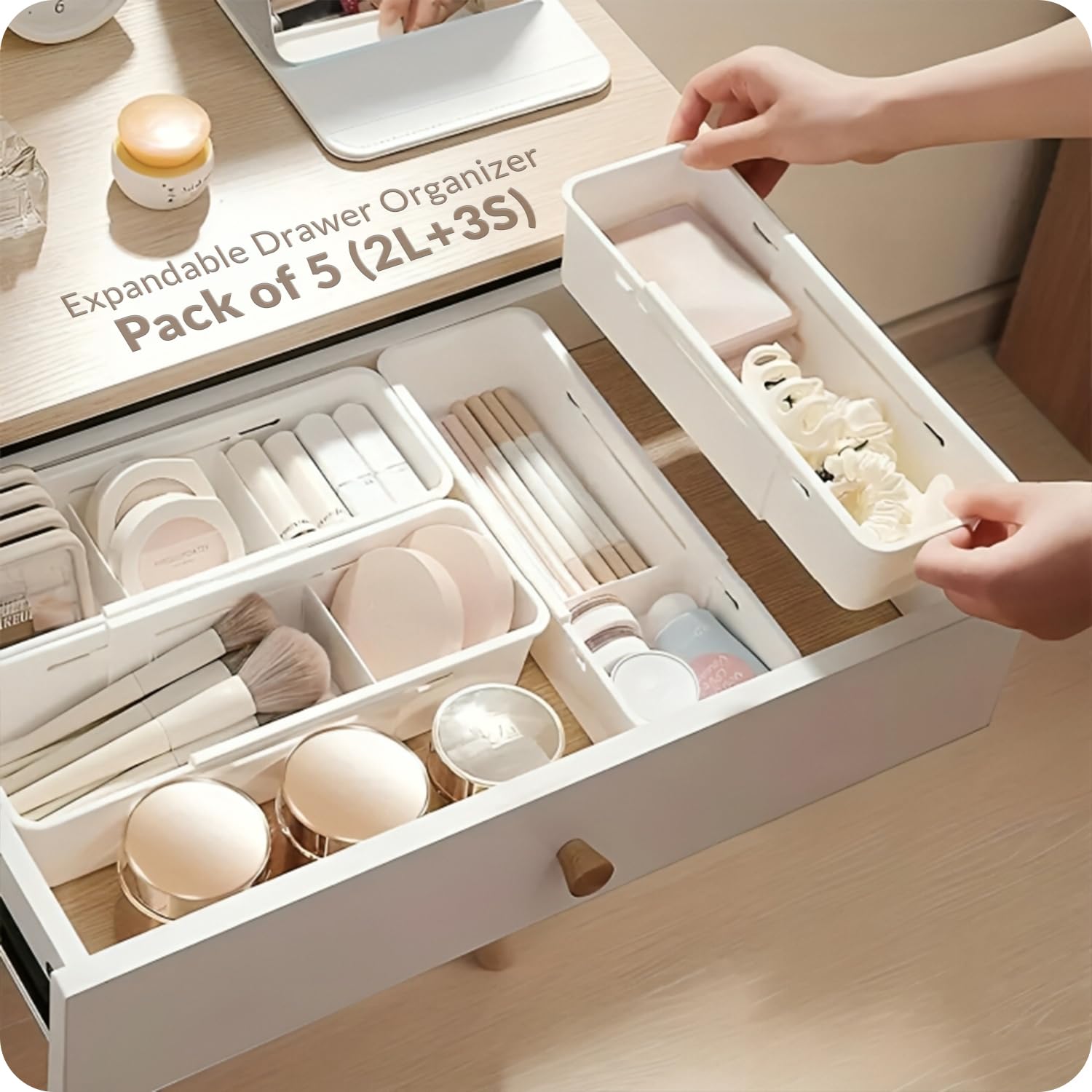 LIVINGBASICS 2 Large 3 Small Expandable Drawer Organizer Set - Adjustable Storage Tray & Divider for Kitchen, Office, Bathroom - White PPCP Plastic Organizer for Utensils, Makeup, Office Supplies