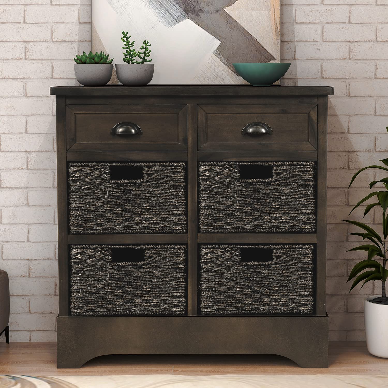 Modern Sideboard Buffet Server with 2 Drawers & 4 Wicker Baskets - Kitchen Storage Cabinet, Entryway Console Table for Dining Room & Living Room - Brown Gray Accent Furniture (Perfect for Home Organization & Entertaining)