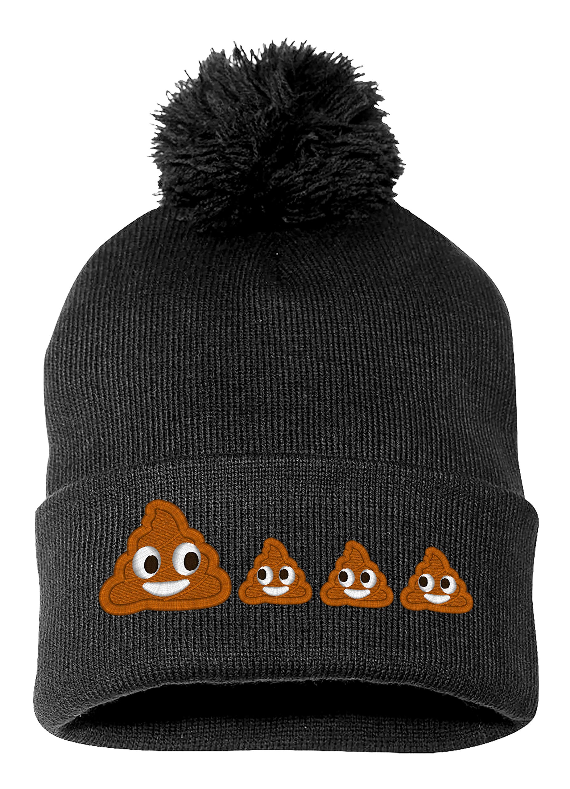 Funny Embroidered Poop Family Design Beanie Hat with Warm Pom Pom - Perfect for Winter, Gifts & Family Outfits