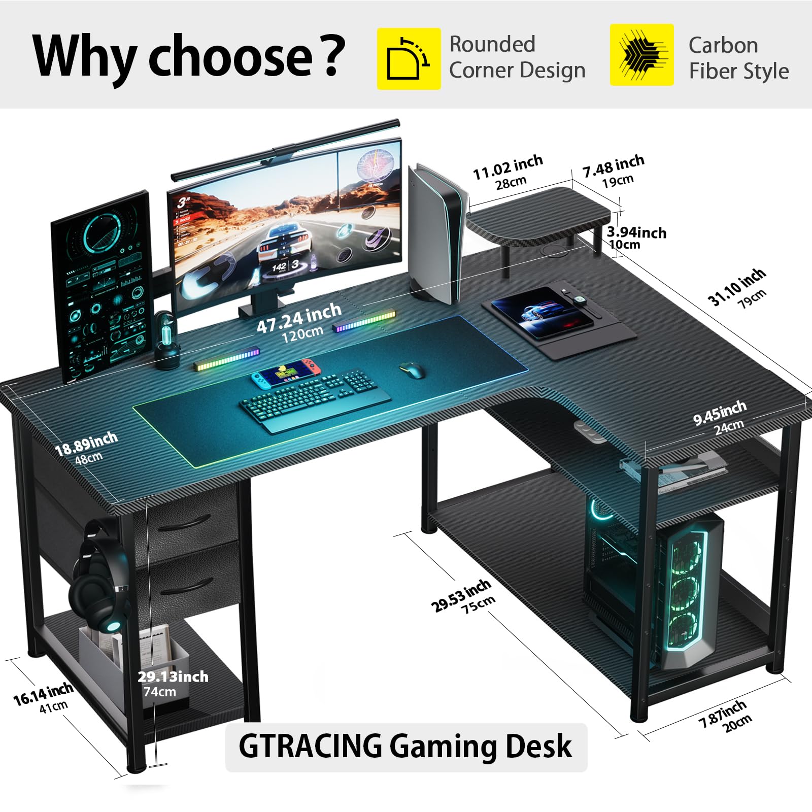 GTRACING L-Shaped Gaming Desk with Drawers - Carbon Fiber Style for Home Office & PC Setup