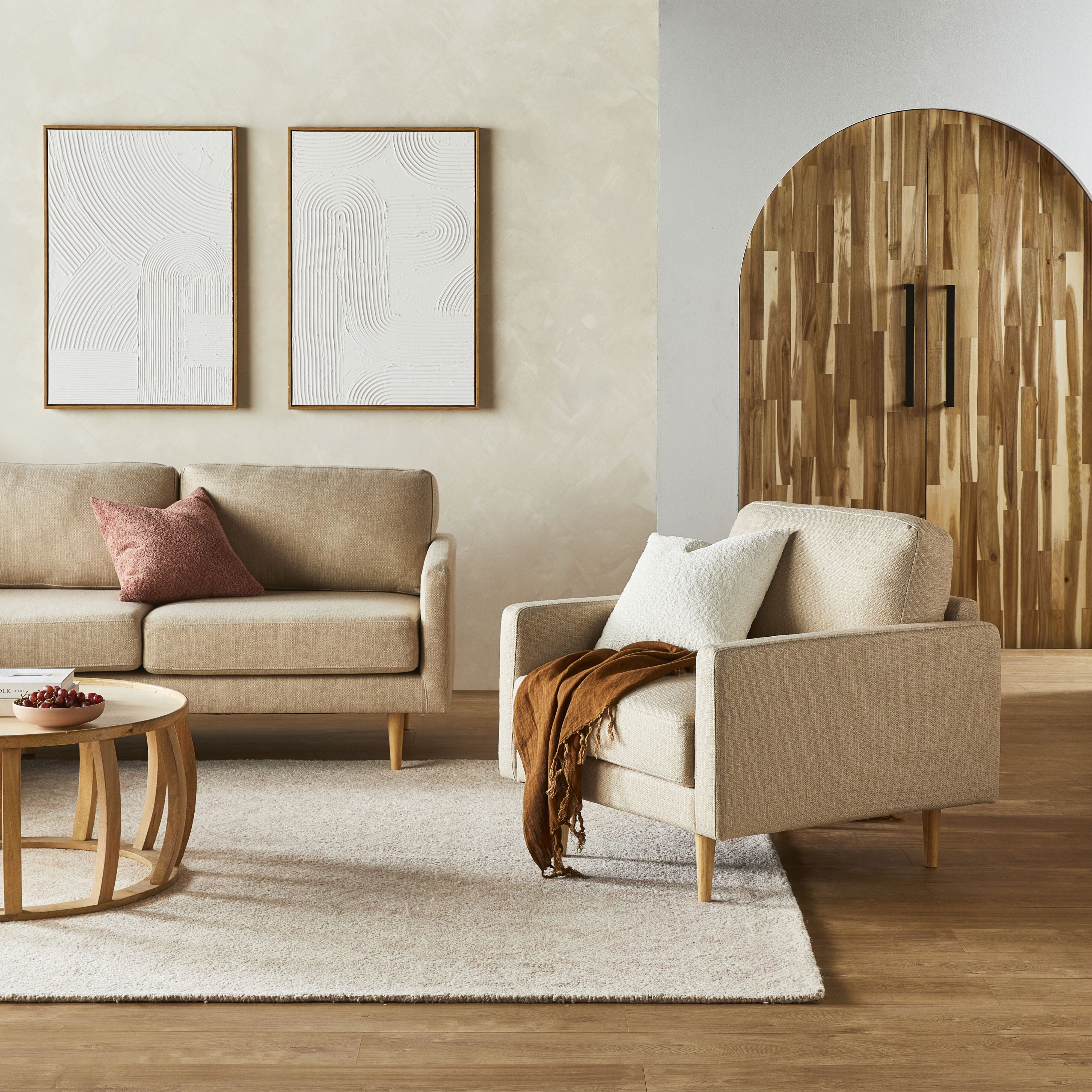 Boden Armchair Amalfi Parchment - Modern Accent Chair for Living Room, Bedroom & Office - Comfortable Upholstered Lounge Chair with Wooden Legs