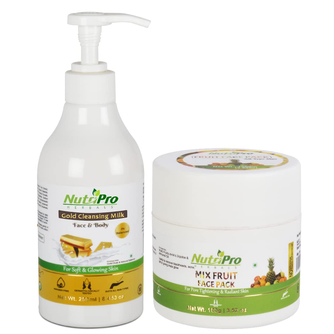 NutriPro Gold Cleansing Milk with Mixed Fruit Face Pack - 350GM | Enriched with Gold, Orange & Lemon Extracts | Softens & Brightens Skin | Anti-Acne Treatment | Perfect for Daily Skincare Routine & Spa-Like Glow at Home
