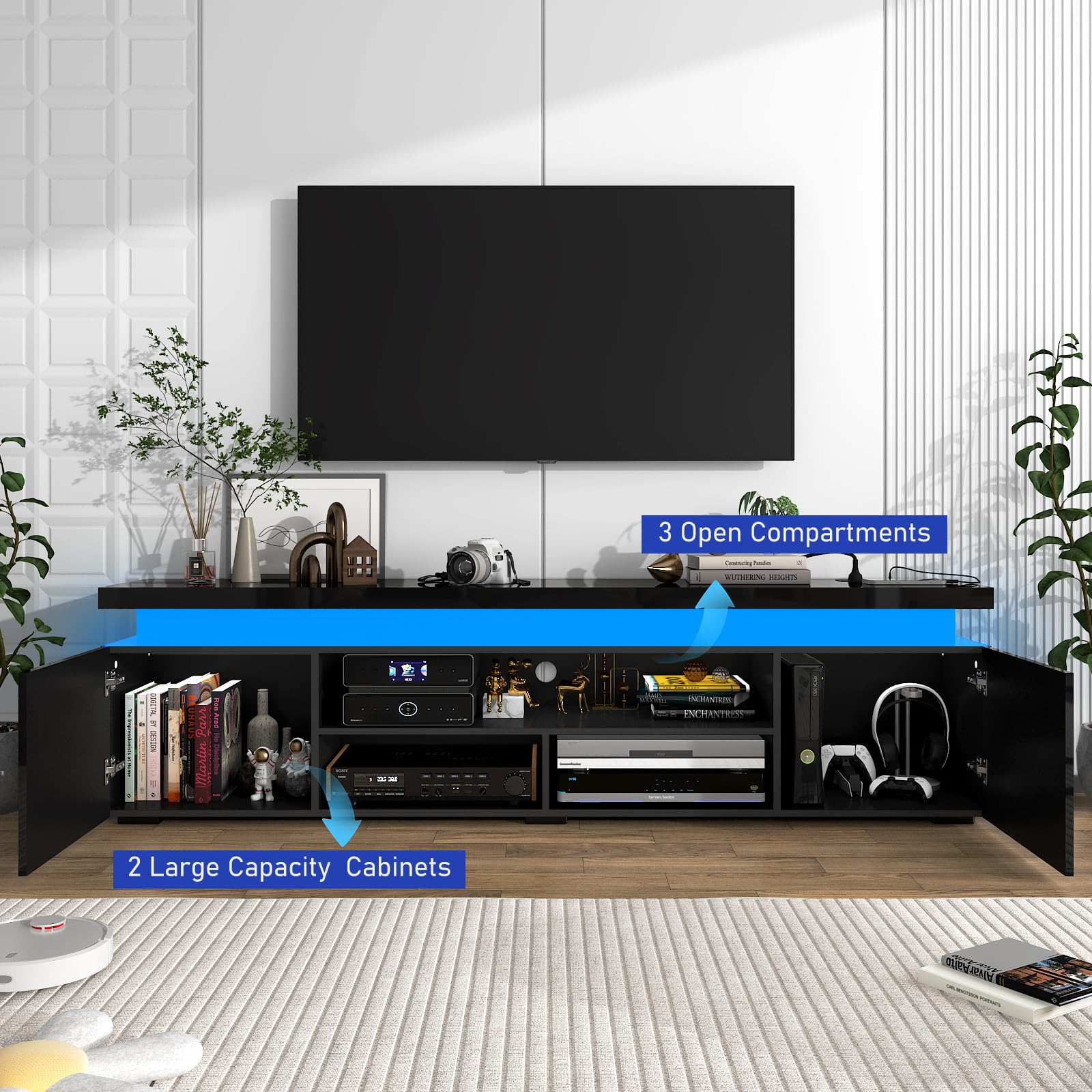 85 Inch LED TV Stand with Power Outlet - Modern High Gloss Entertainment Center with Storage & LED Lights - TV Console for Living Room & Bedroom (74 Inch, Black) UDKSE1883 - Perfect for Home Theater Setup & Stylish Room Decor