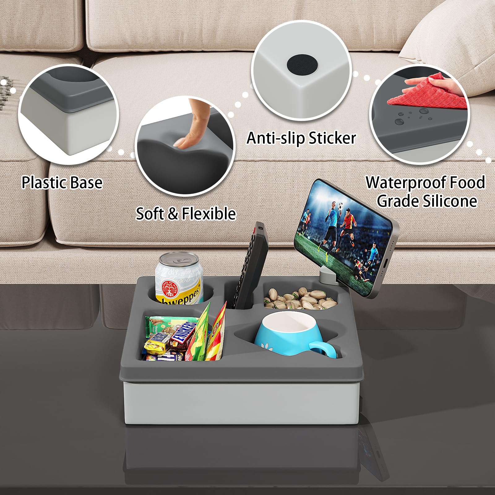 Rotatable Couch Caddy with Phone Holder & Cup Tray - Waterproof Sofa Organizer for Drinks, Snacks, Remote & Cellphone - Perfect for Living Room, Bedroom & Home Theater (Dark Gray)