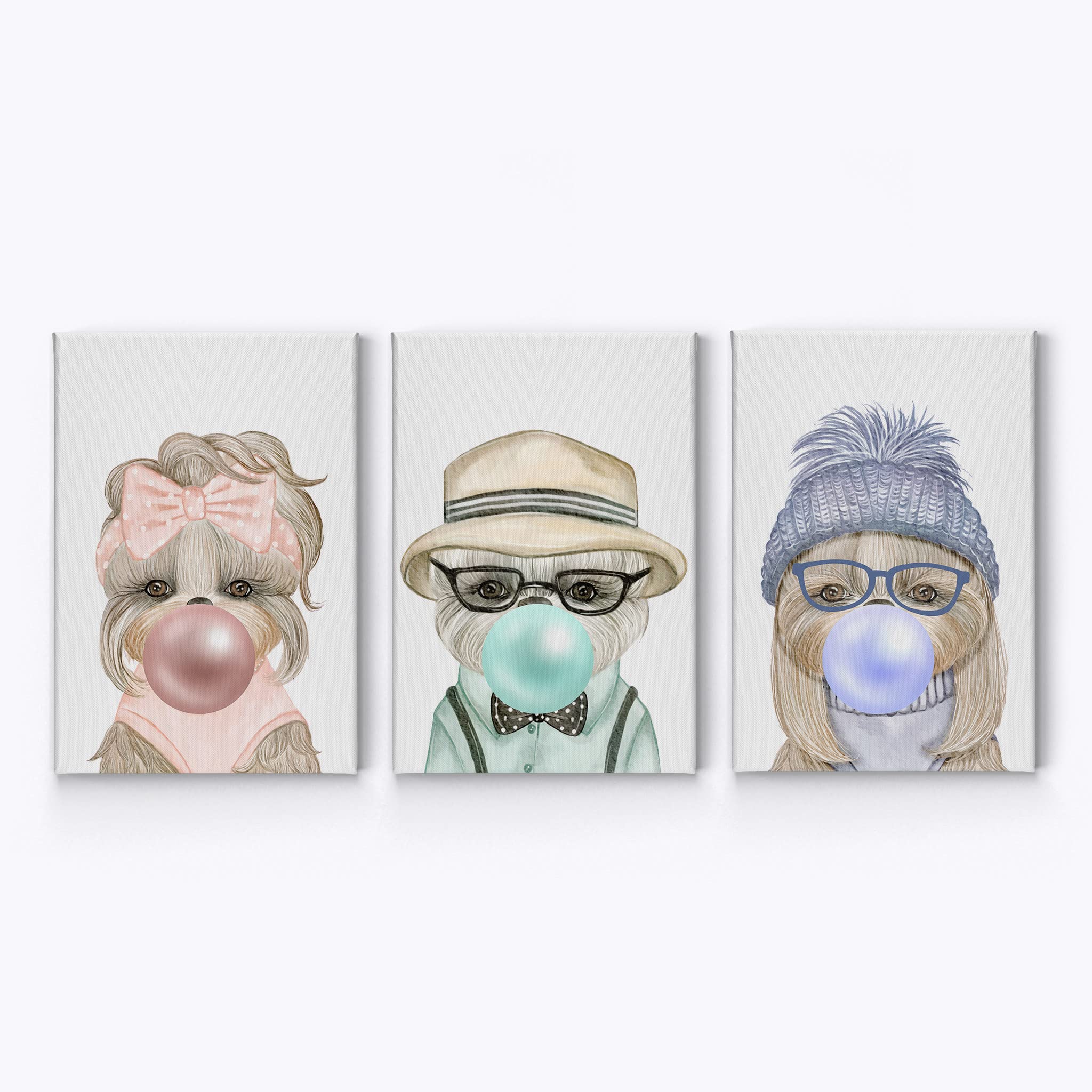 3-Piece Canvas Wall Art Set - Pop Art Portrait of Three Stylish Dogs Chewing Bubble Gum in Pink, Teal, Blue & Purple | Modern Animal Art for Living Room, Bedroom, Nursery & Kids Room Decor (22x15 Inches)