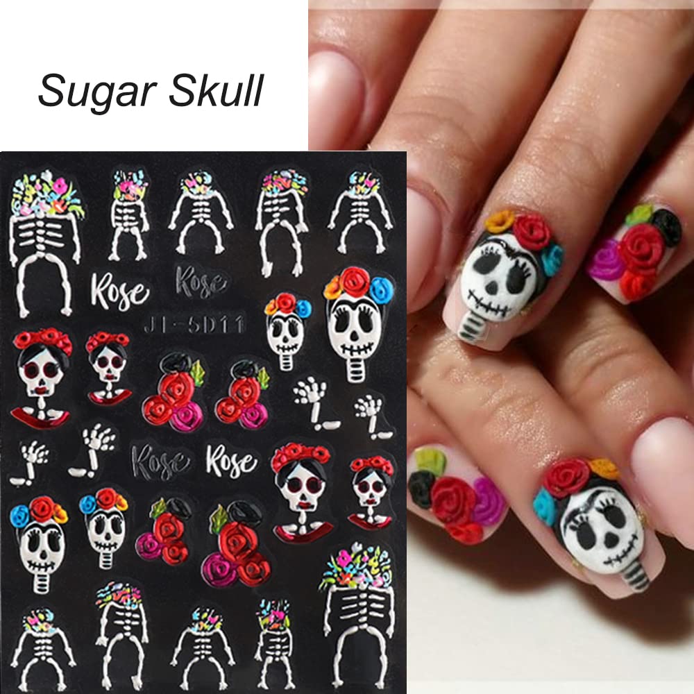 5D Halloween Nail Art Stickers - Sugar Skull Bone Blood Design, Self-Adhesive Nail Decals for Acrylic Nails (3 Sheets) - Perfect for Women & Girls DIY Nail Art, Costume Parties & Spooky Halloween Looks