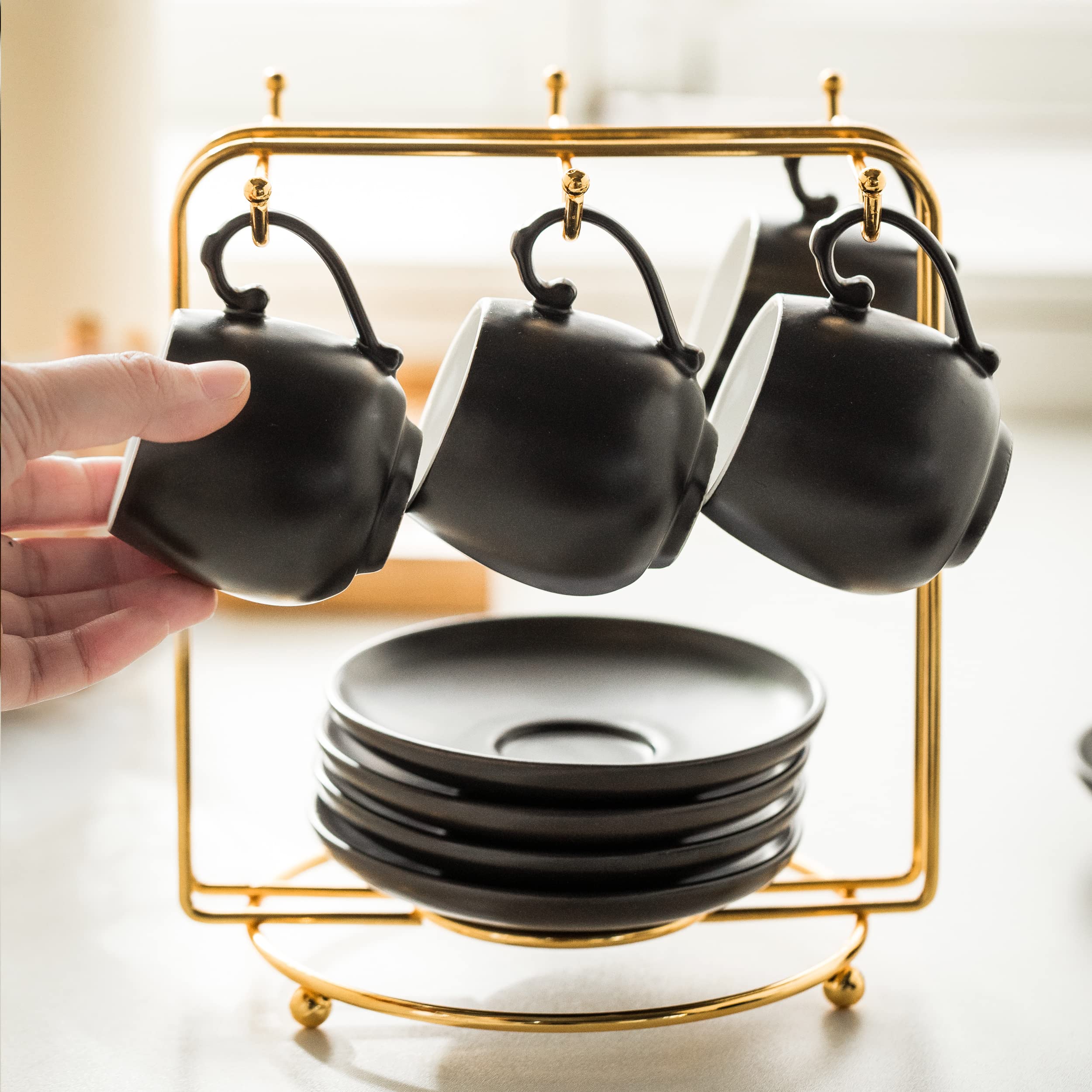 LYEOBOH 6-Piece Ceramic Espresso Cups and Saucers Set with Spoons & Metal Stand - 3oz Small Demitasse Coffee Mugs for Cappuccino, Latte, Tea - Perfect for Home Cafes, Coffee Shops & Gifts (Black)