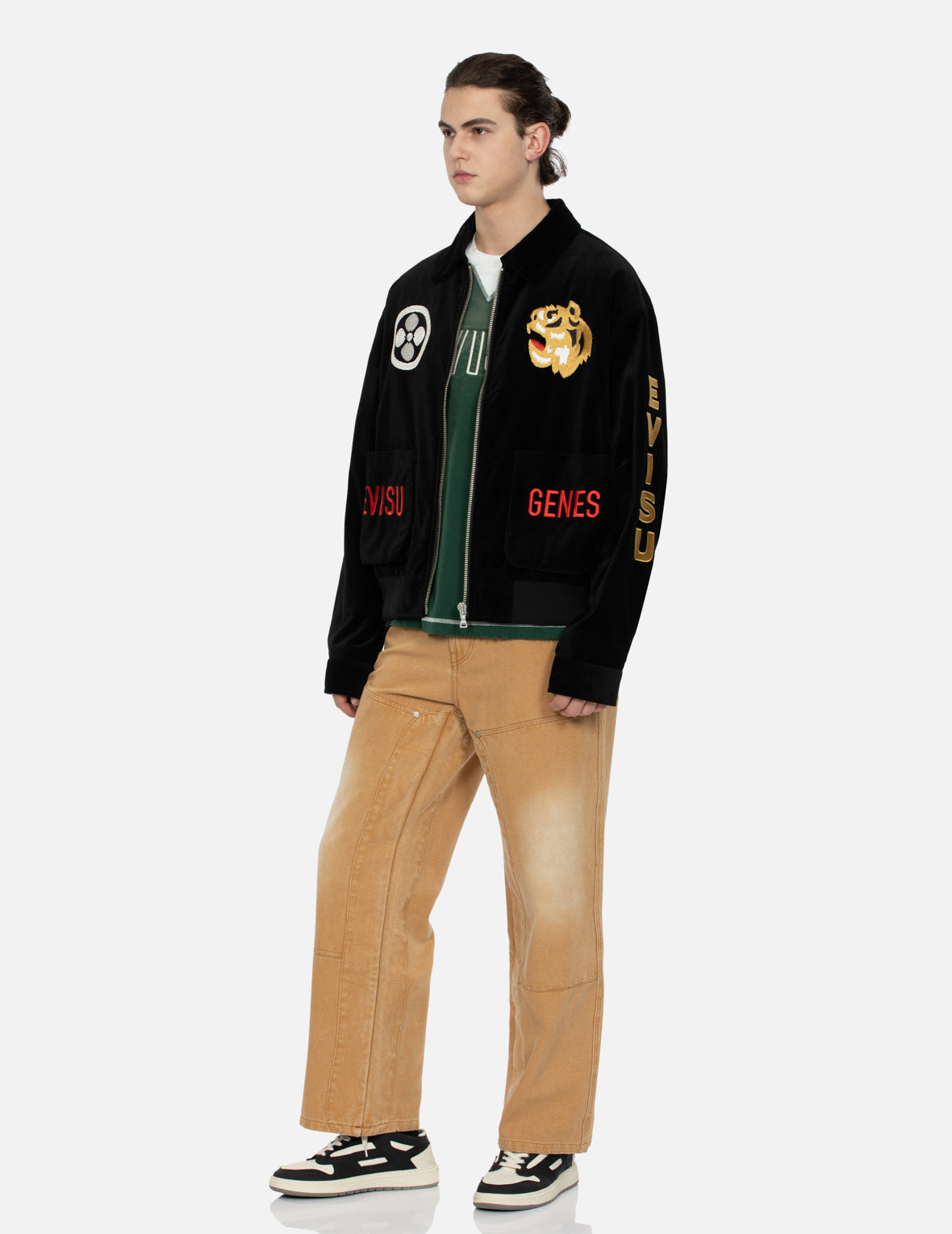 Stylish Tiger & Logo Embroidered Oversized Velvet Bomber Jacket for Men - Trendy Streetwear Fashion for Casual Outings & Night Out