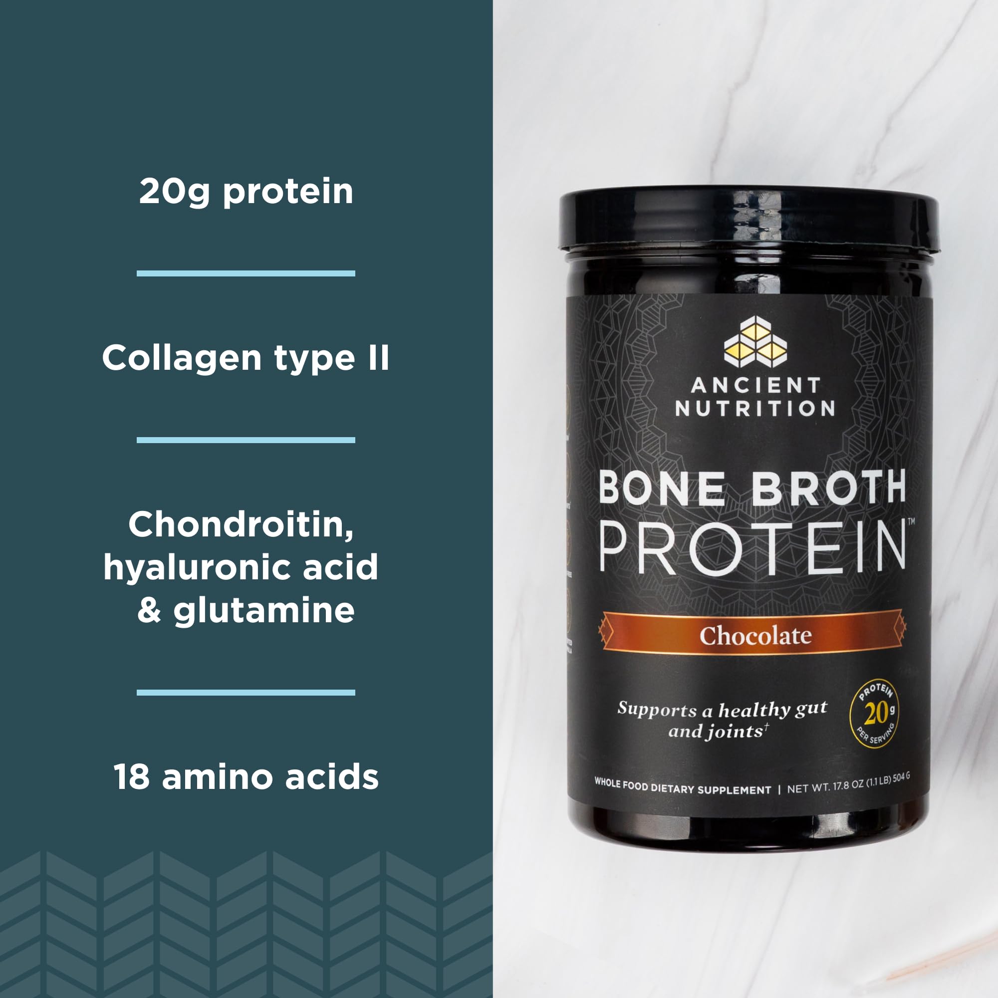 Ancient Nutrition Bone Broth Protein Powder - Chocolate Flavor, 20g Protein Per Serving, 20 Servings, Gluten Free Hydrolyzed Collagen Peptides Supplement - Perfect for Post-Workout Recovery, Smoothies & Baking