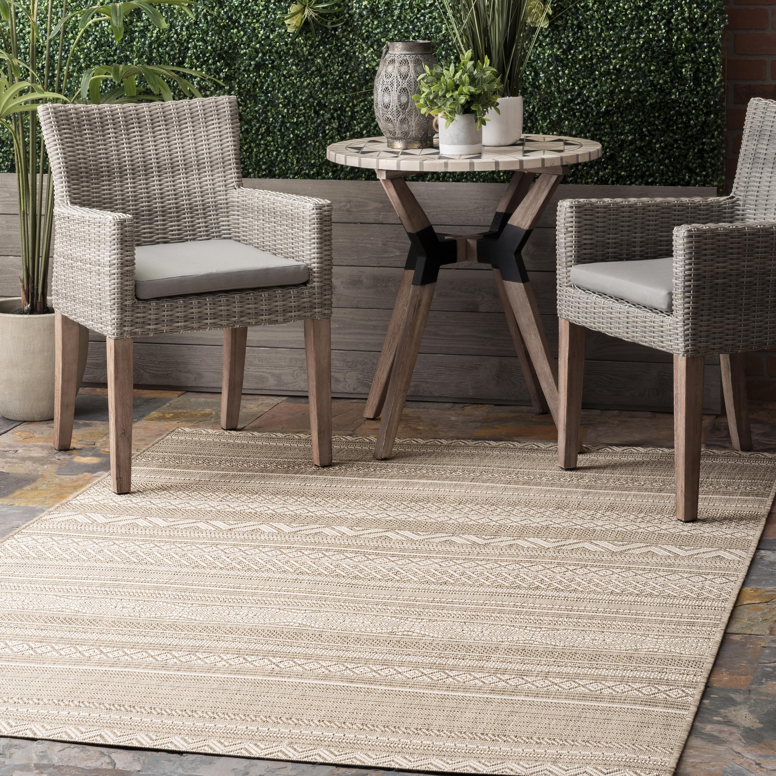 nuLOOM 6' x 9' Outdoor Performance Area Rug - OEKO-TEX Certified, Weather Resistant & High Traffic Rug for Patio, Balcony, Deck & Backyard - Erlinda Beige - Perfect for Outdoor Entertaining & Durable All-Weather Use