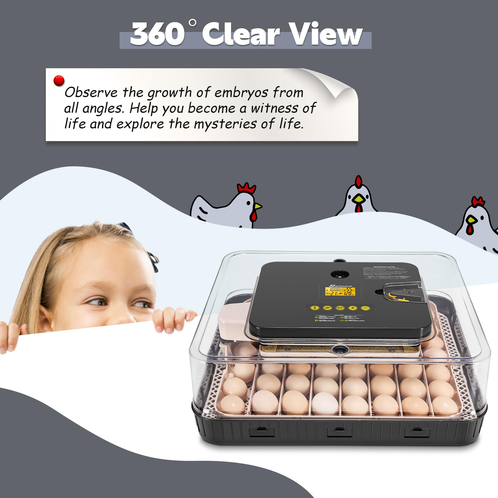 Sailnovo 56 Egg Incubator - Automatic Egg Turner, Temperature & Humidity Control, Built-in Candler for Chicken, Duck & Quail Eggs (18.7