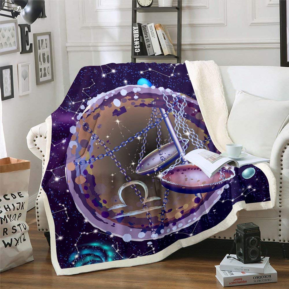 Libra Constellation Sherpa Fleece Blanket - Purple Galaxy Starry Sky Throw for Kids Boys Girls - 30