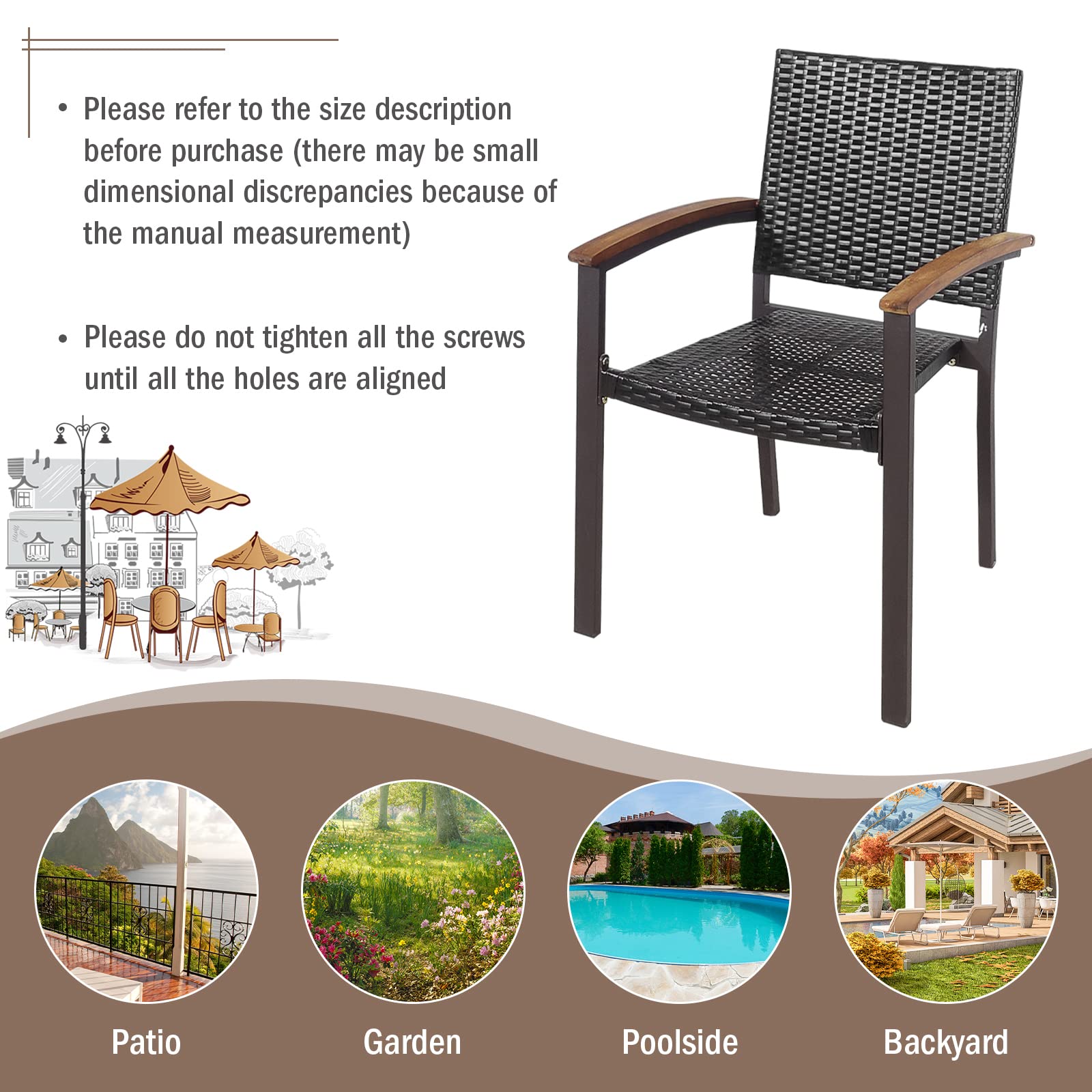HappyGrill 2-Piece Patio Dining Chairs Set - Outdoor Rattan Wicker Stackable Armchairs with Steel Frame for Garden, Balcony, Poolside & Indoor Use