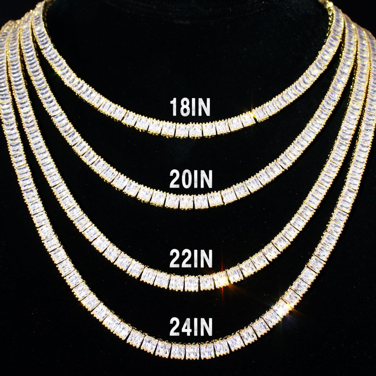 18K Gold Plated Tennis Necklace for Men - Elegant Baguette Crystal Clear Cubic Zirconia Chain - Perfect for Weddings, Parties & Formal Events