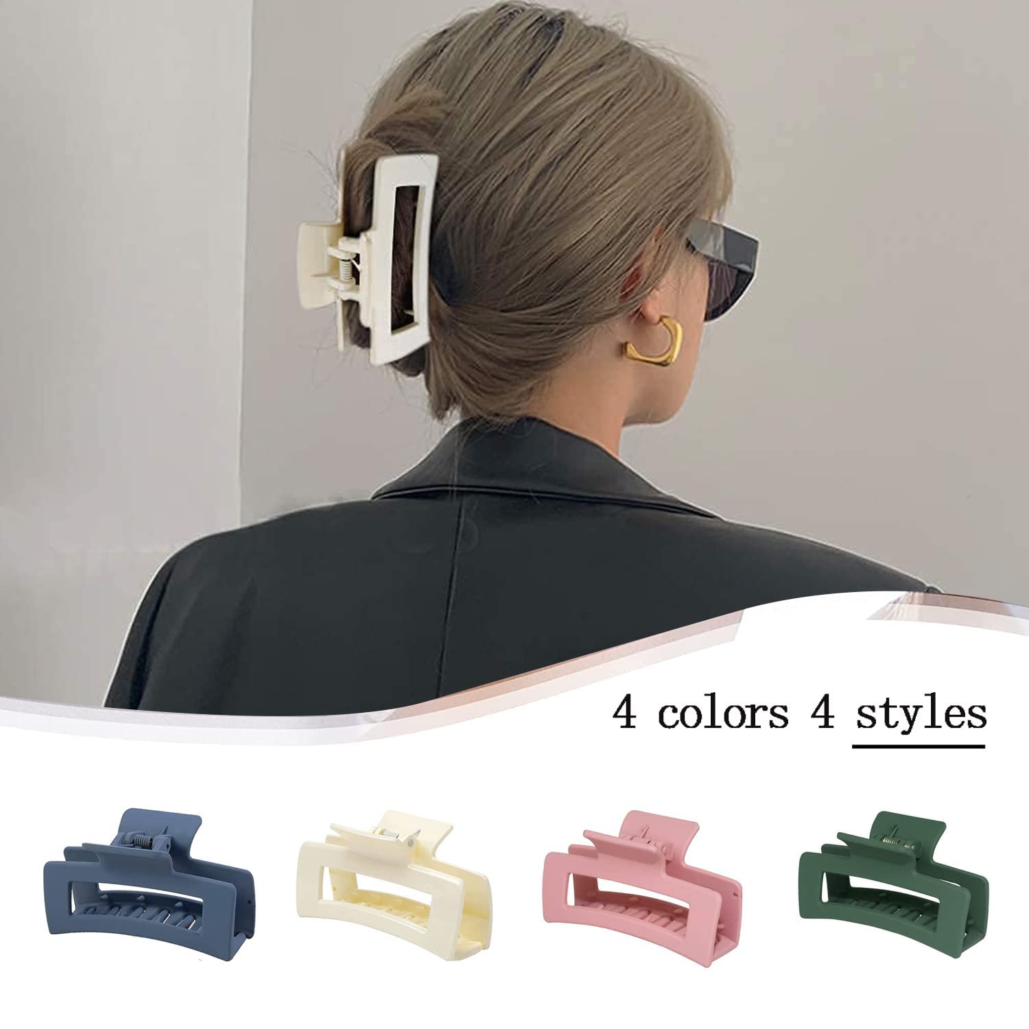 4 PCS Large Hair Claw Clips for Thick Hair - Strong Hold Non-Slip Rectangular Jaw Clips with Matte French Design | Perfect Hair Accessories for Women, Gifts for Her | Great for Work, Gym, Travel and Everyday Styling