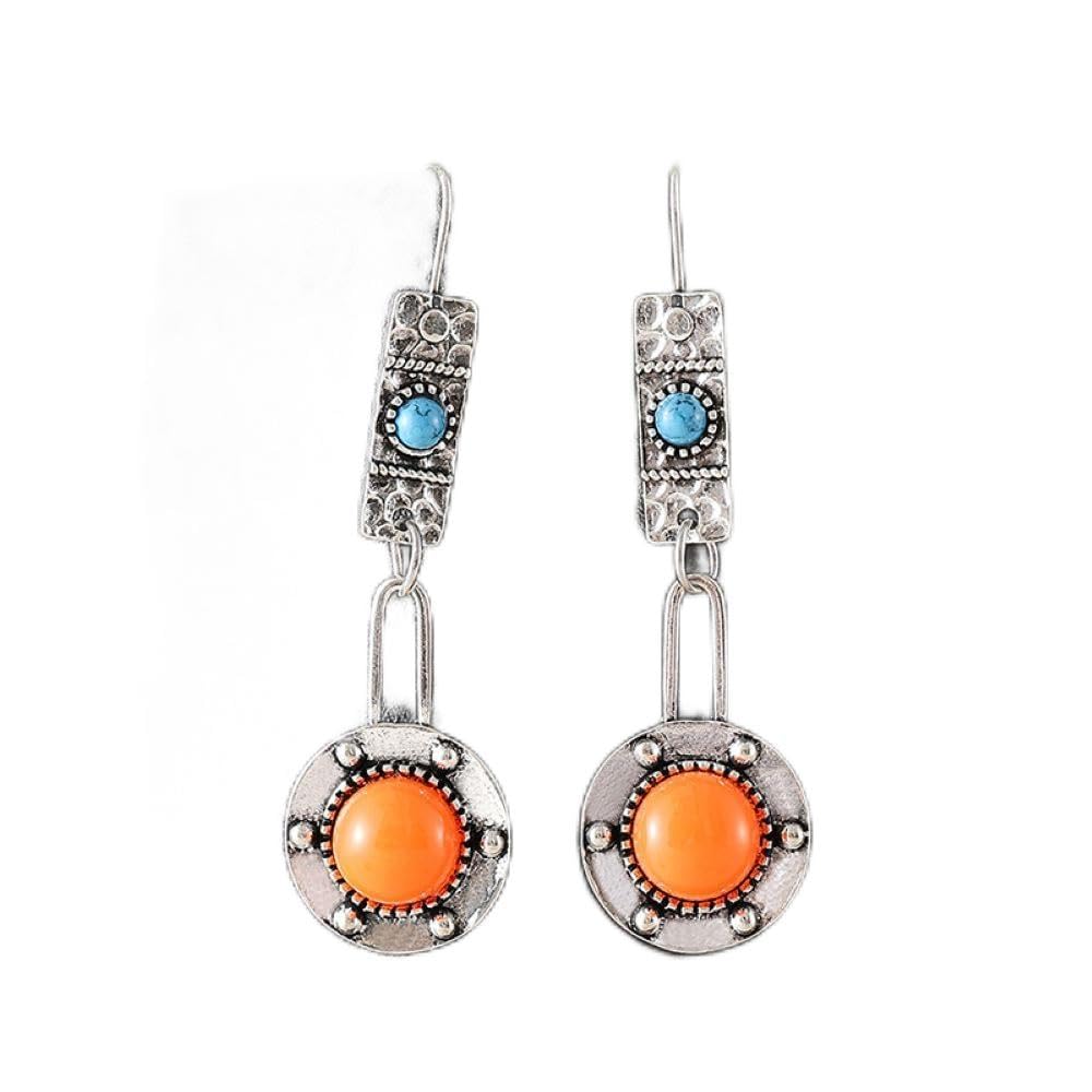 Boho Silver Ethnic Hammered Turquoise Stone Dangle Earrings for Women - Handmade Bohemian Jewelry Gift, Geometric Earrings for Casual & Festival Wear
