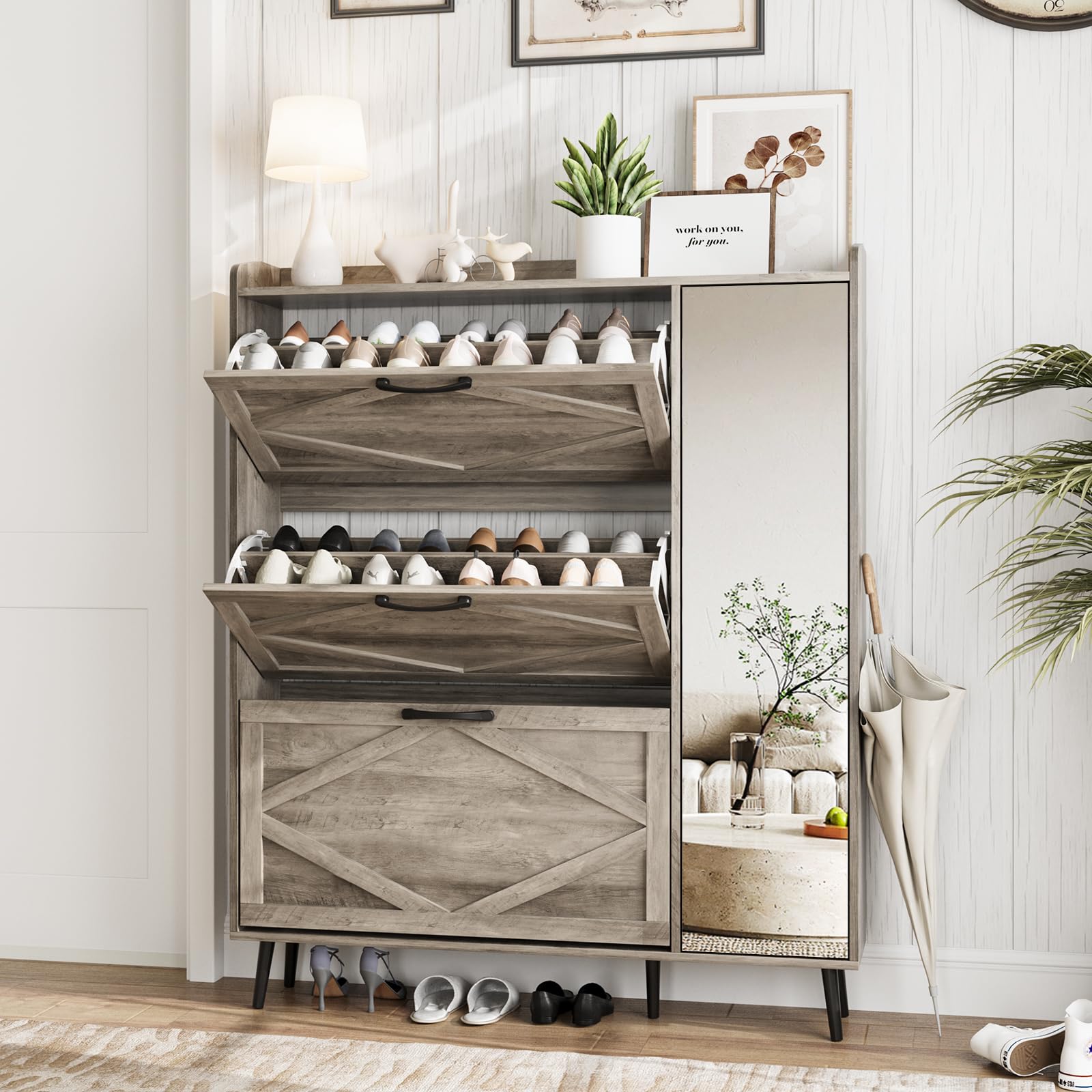 Maupvit 3-Drawer Shoe Cabinet with Mirror - Slim Shoe Organizer for Entryway & Hallway