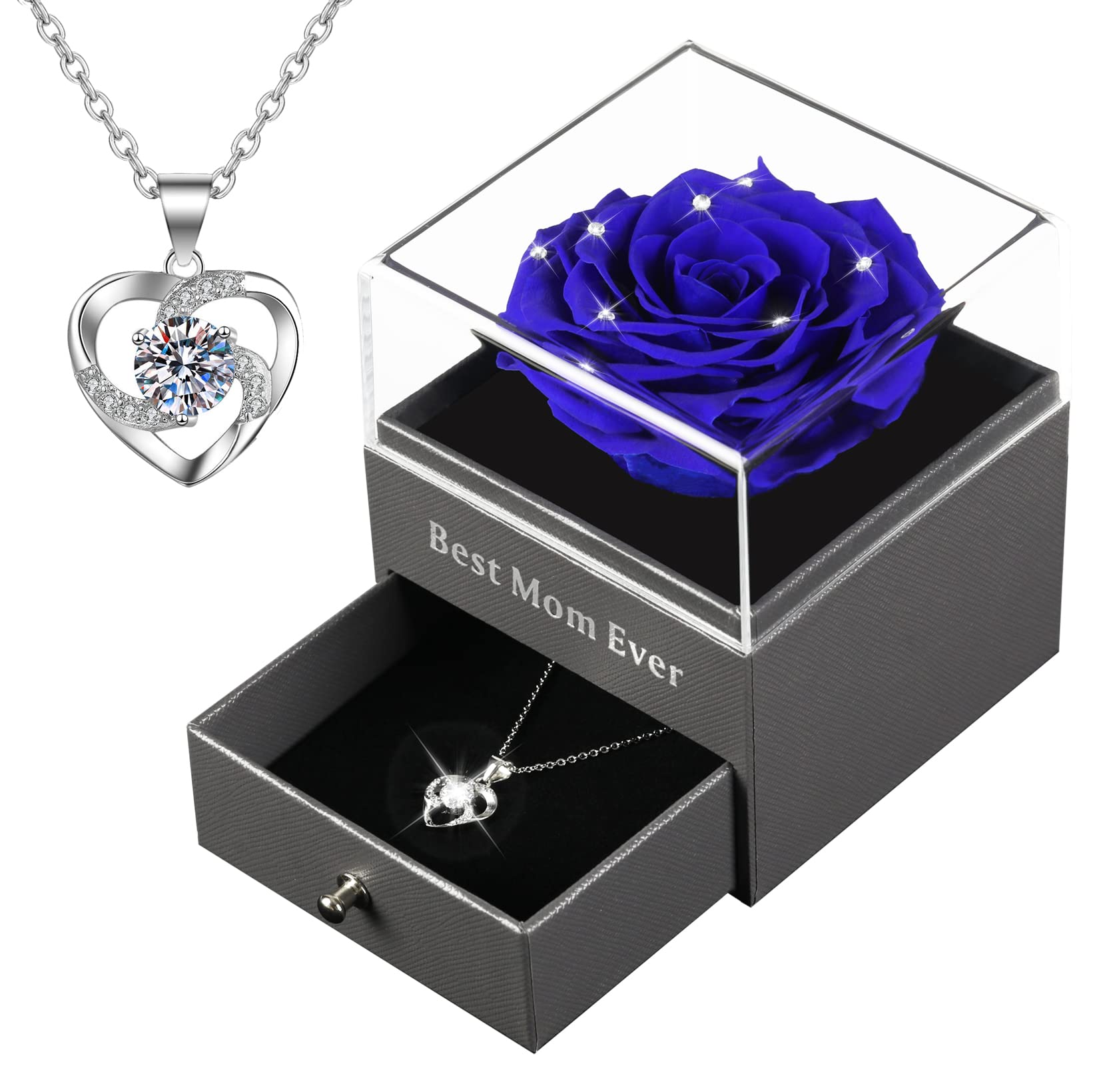 Best Mom Ever Preserved Rose Necklace Gift - Handmade Eternal Blue Rose Jewelry for Mother's Day, Birthday, Anniversary - Perfect Gift for Mom, Wife, Grandma (Home Decor, Keepsake, Special Occasion Present)