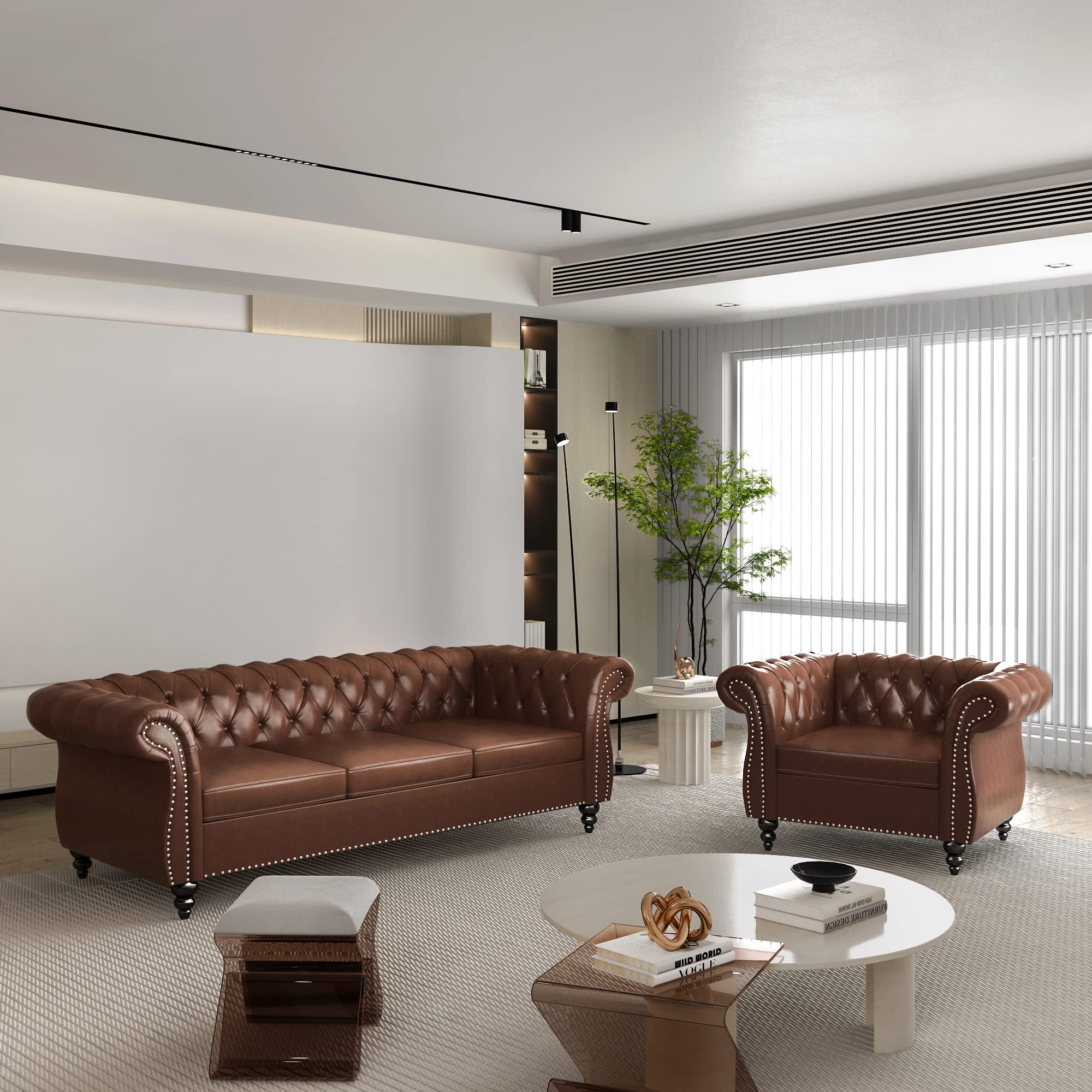 2-Piece Chesterfield Leather Sofa and Loveseat Set with Scroll Arms & Nailhead Trim - Dark Brown Living Room Furniture for Home, Office, and Lounge Areas
