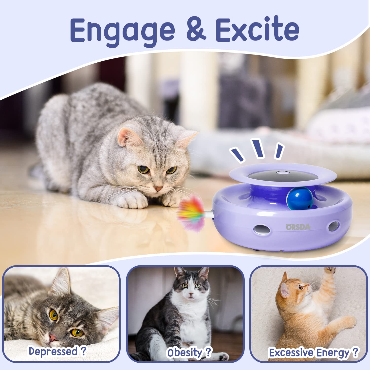ORSDA 2-in-1 Interactive Cat Toys with 7 Attachments - Automatic Moving Ball & Feather Toy for Indoor Cats - Adjustable Speed, Dual Power (Battery/USB) - Great for Exercise & Playtime - Perfect Gift for Kitten & Adult Cats