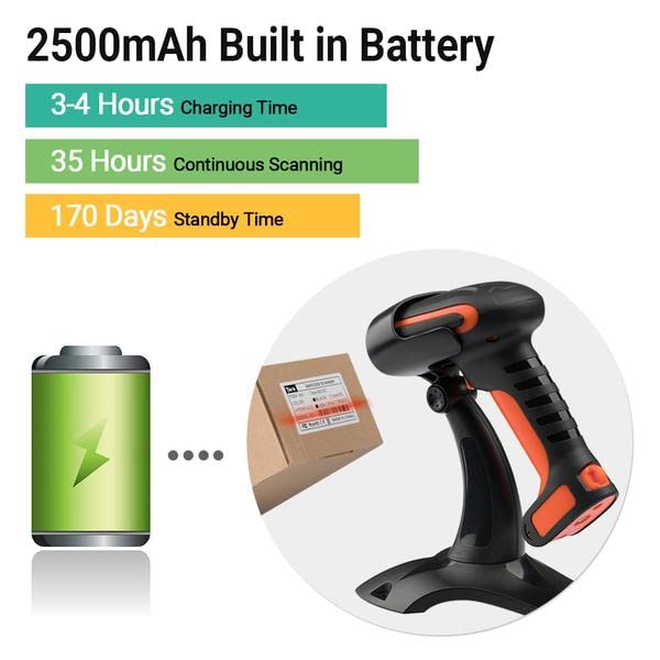 Tera Pro Industrial Wireless Barcode Scanner - 2D QR & 1D Barcode Reader with 2.4G Wireless, 2500mAh Battery, Bluetooth - Compatible with Windows, Mac, Android, iOS (Model 8100, Orange) - Ideal for Retail, Warehouse, and Inventory Management