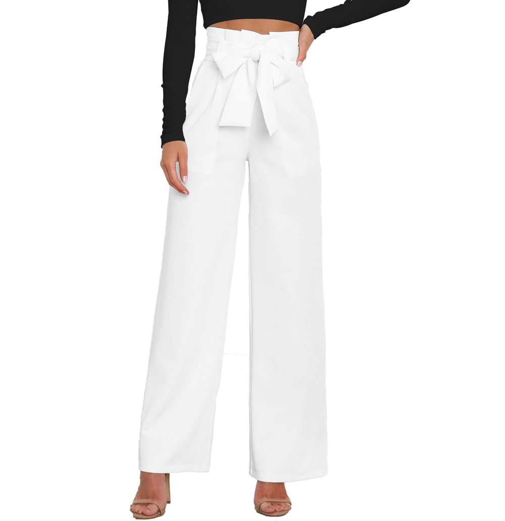 Women's High Waisted Wide Leg Palazzo Pants - Casual Belted Dress Pants for Work, Office & Travel - Comfortable Stretch Trousers for Everyday Wear