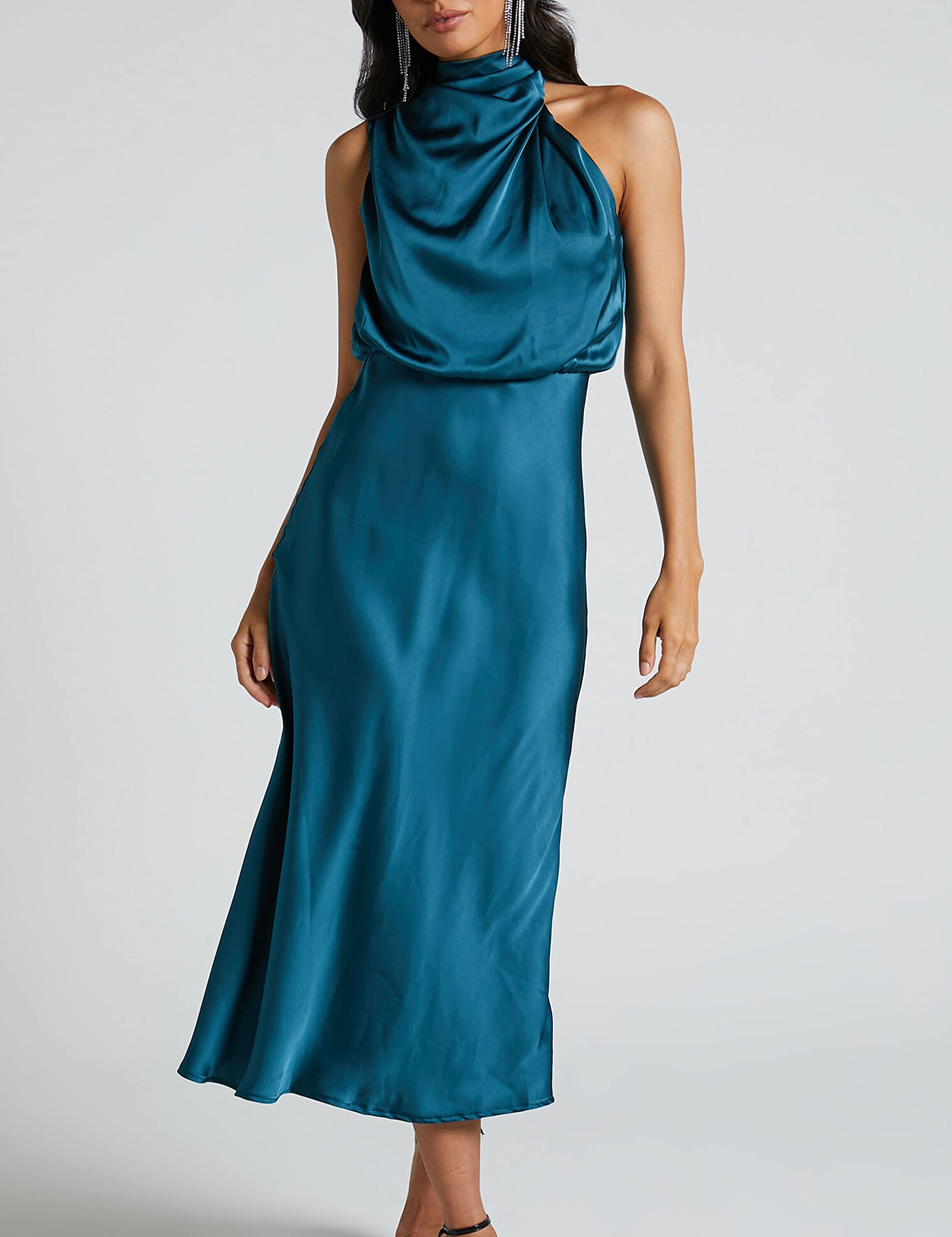 Elegant Women's 2024 Summer Satin High Neck Dress - Silk Sleeveless Mock Neck Cocktail Party Midi Dress for Formal Events, Weddings & Evening Occasions