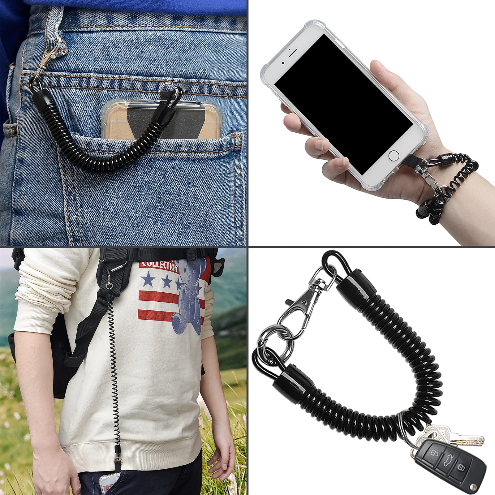 Takyu 2 Pack Cell Phone Lanyard with 4 Detachable Fabric Pads & Carabiner - Universal Phone Tether for Most Smartphones with Full Coverage Cases (Black) - Perfect for Work, Travel, and Outdoor Activities