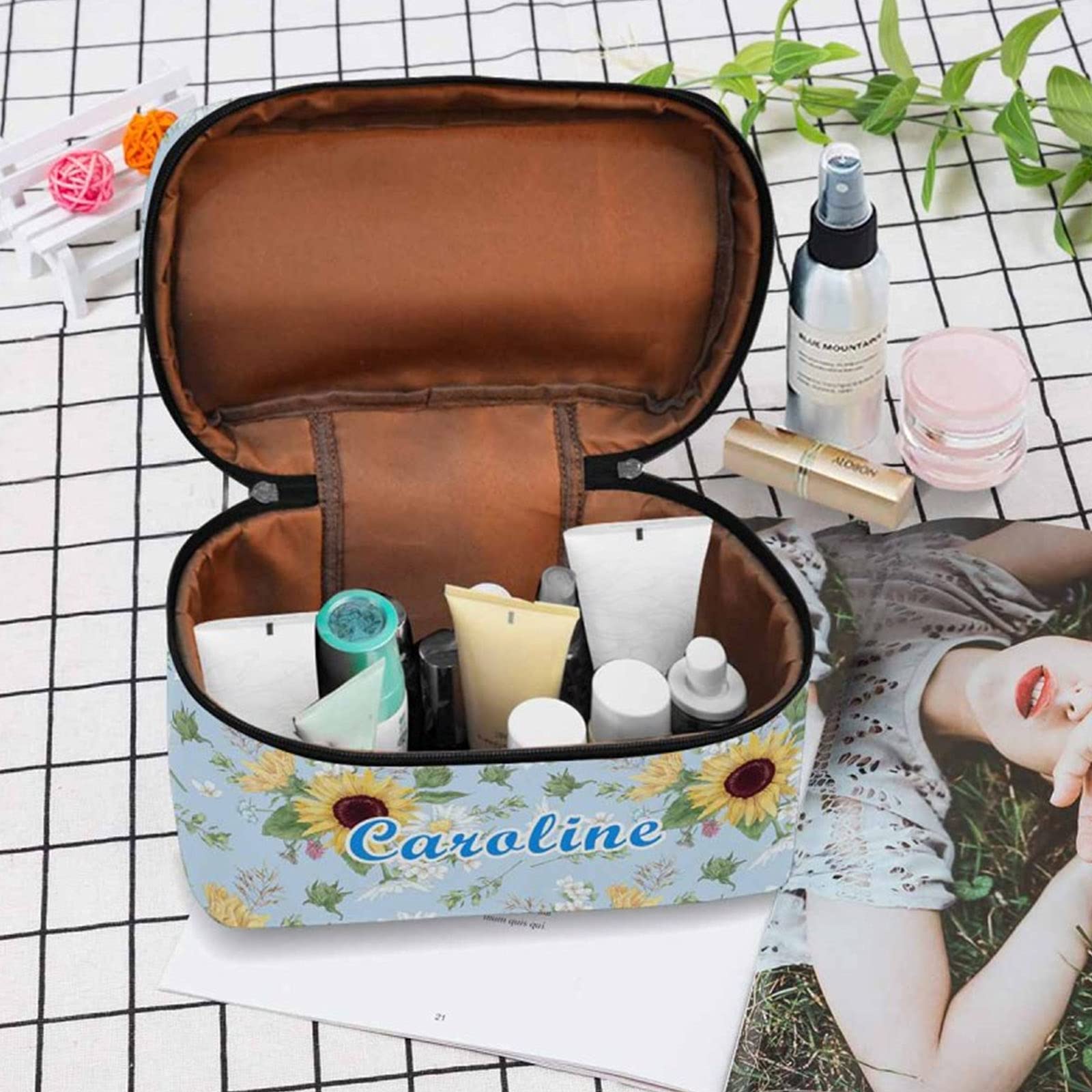 Personalized Waterproof Makeup Bag for Women Travel & Toiletry - Blue Sunflower Design