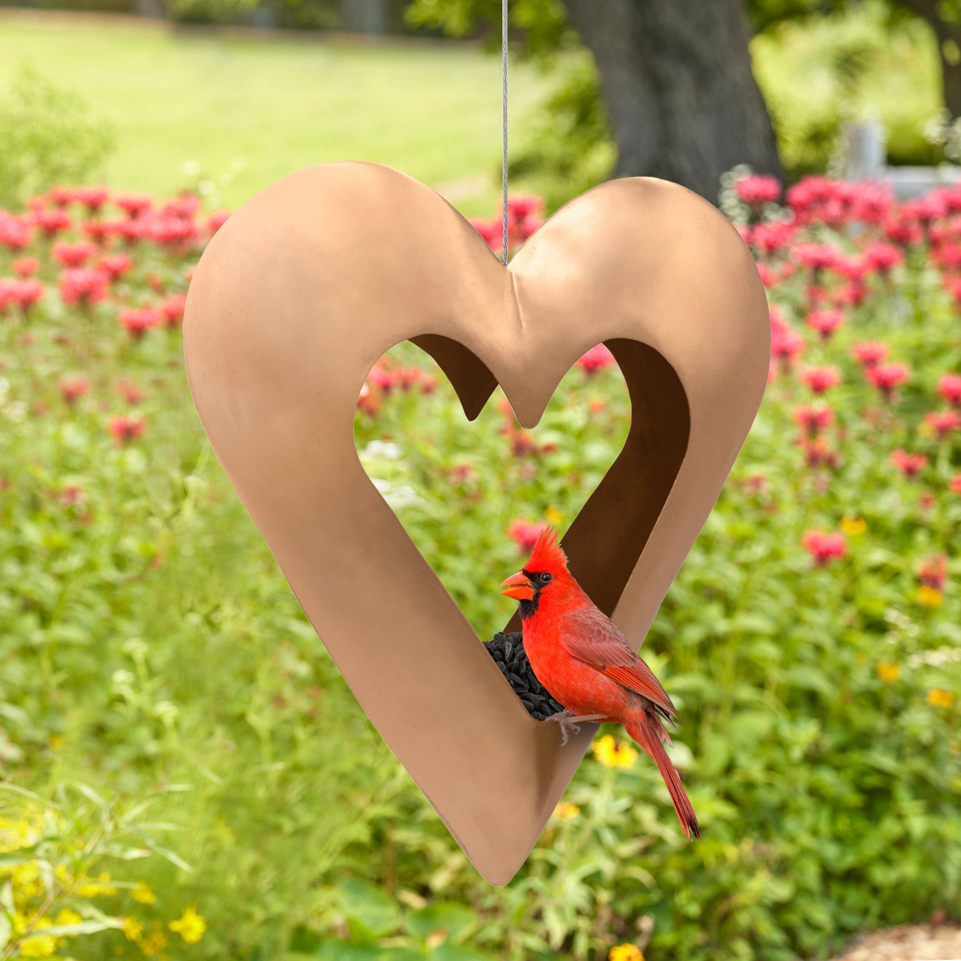 Fly Thru™ Copper Heart Bird Feeder - Elegant Outdoor Garden Decor for Attracting Wild Birds - Perfect for Backyards, Patios, and Nature Lovers