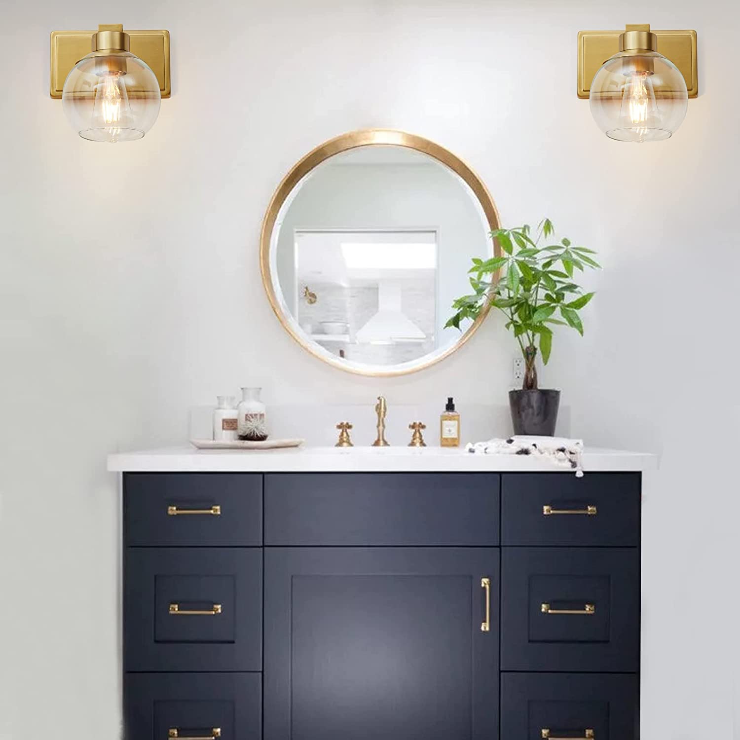 Brushed Brass Wall Sconces Set of 2 - Clear Glass Lamp for Bedroom, Bathroom & Living Room Lighting