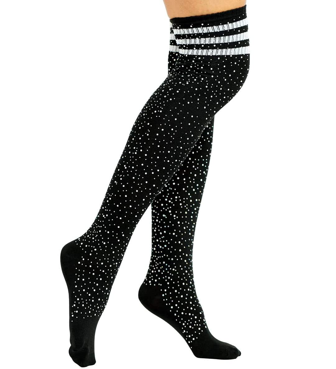 Sexy Rhinestone Over Knee Socks - Party & Casual Wear (Black+White Stripe)