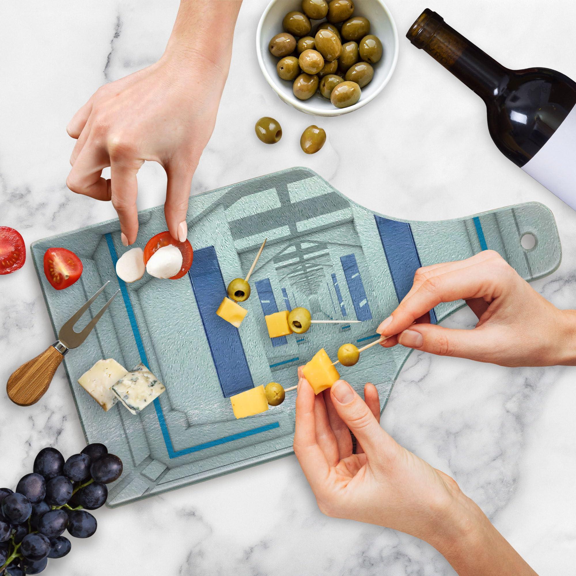 Ambesonne Outer Space Themed Tempered Glass Cutting Board - Robotic Space Mission & Solar System Design - Decorative Serving Board for Kitchen & Dining - Wine Bottle Shape in Blue & White - Perfect for Entertaining, Gifts & Space Enthusiasts