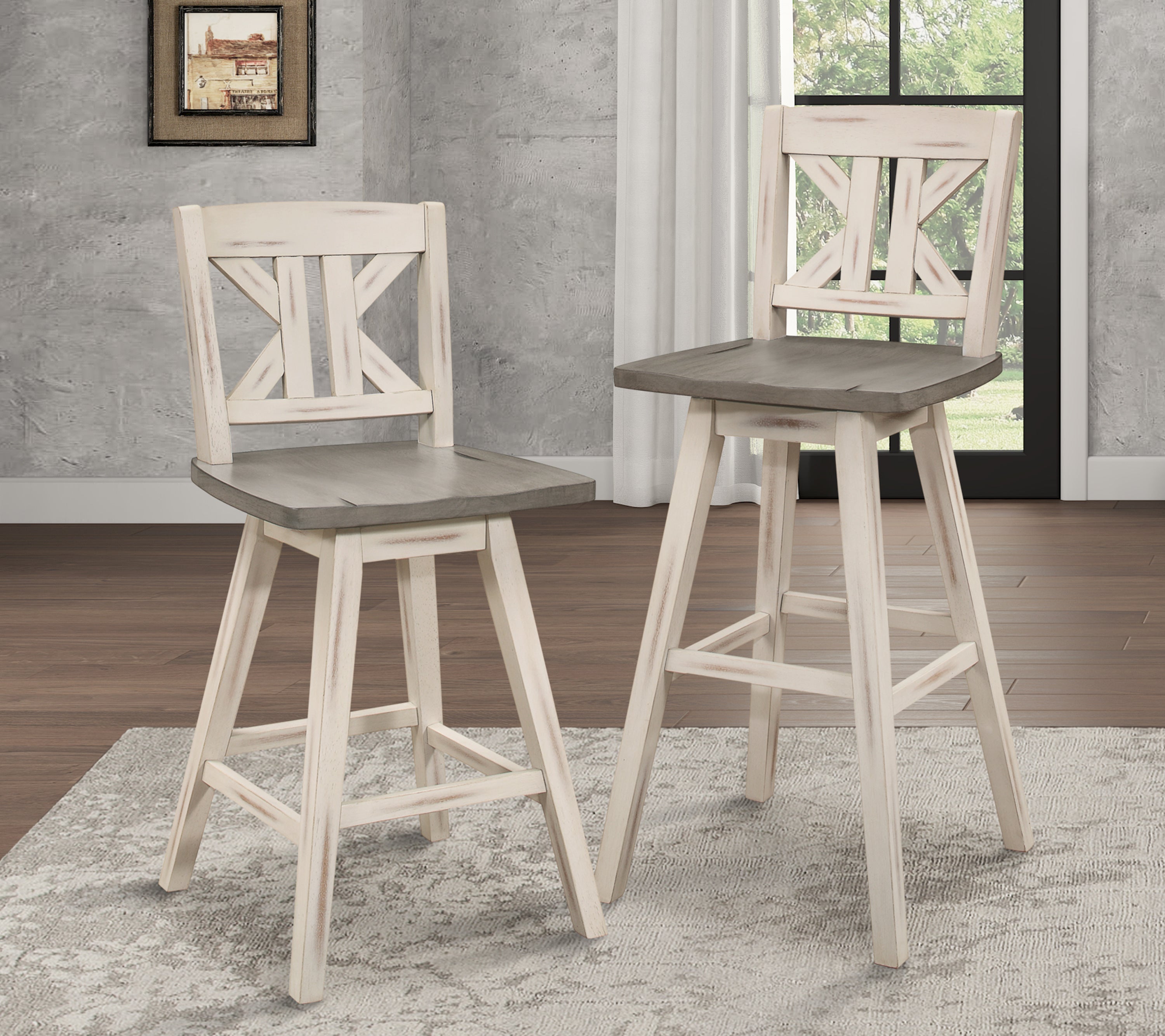 360 Degree Swivel Counter Height Chairs Set of 2 - White & Gray Solid Rubberwood Kitchen Bar Stools with Divided X Back - Perfect for Breakfast Nook, Kitchen Island & Small Dining Spaces