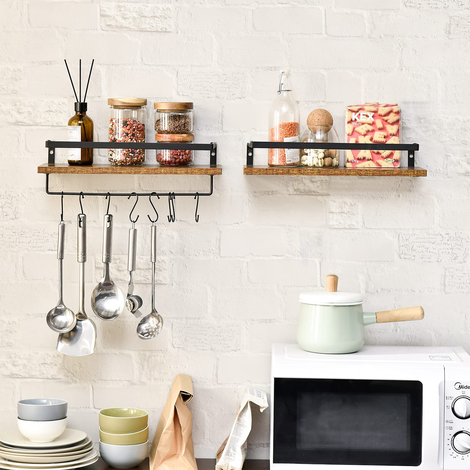 IBUYKE Floating Shelves for Wall - 42x15x8 cm Wooden Shelf with 8 Hooks - Space Saving Storage Organizer for Kitchen, Bathroom, Bedroom, Living Room & Office - Perfect for Spice Rack, Towel Holder, Books and Decorative Display