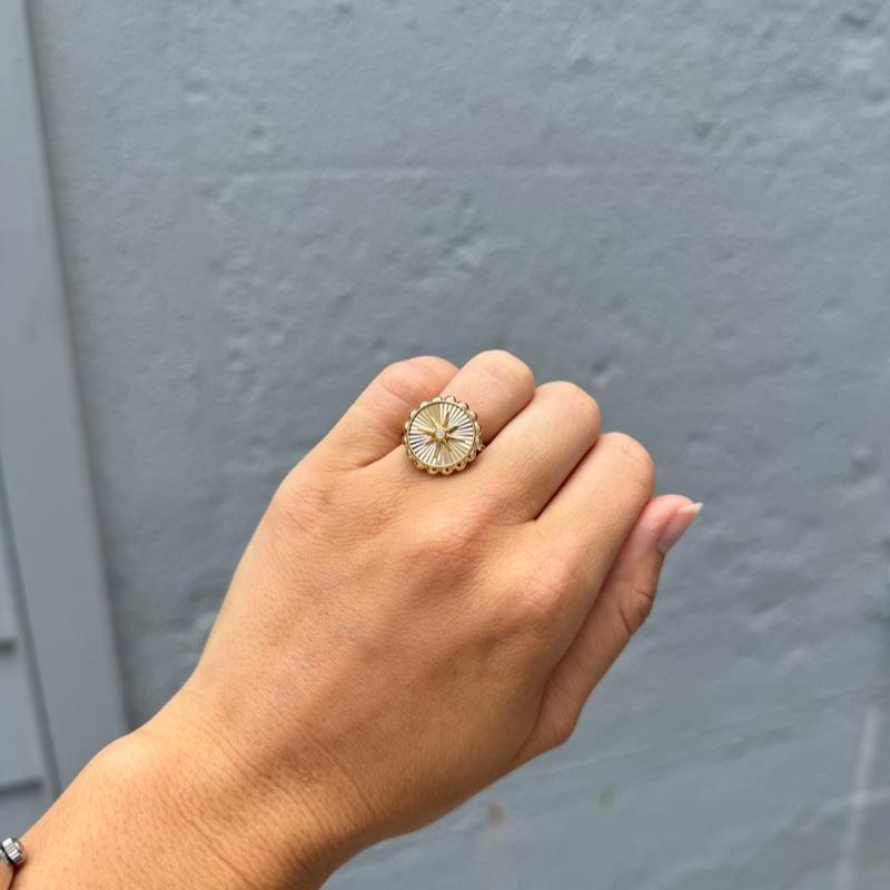 18K Yellow Gold Diamond Starburst Fluted Disc Ring for Women - Elegant Stackable Band for Engagement, Anniversary & Everyday Wear