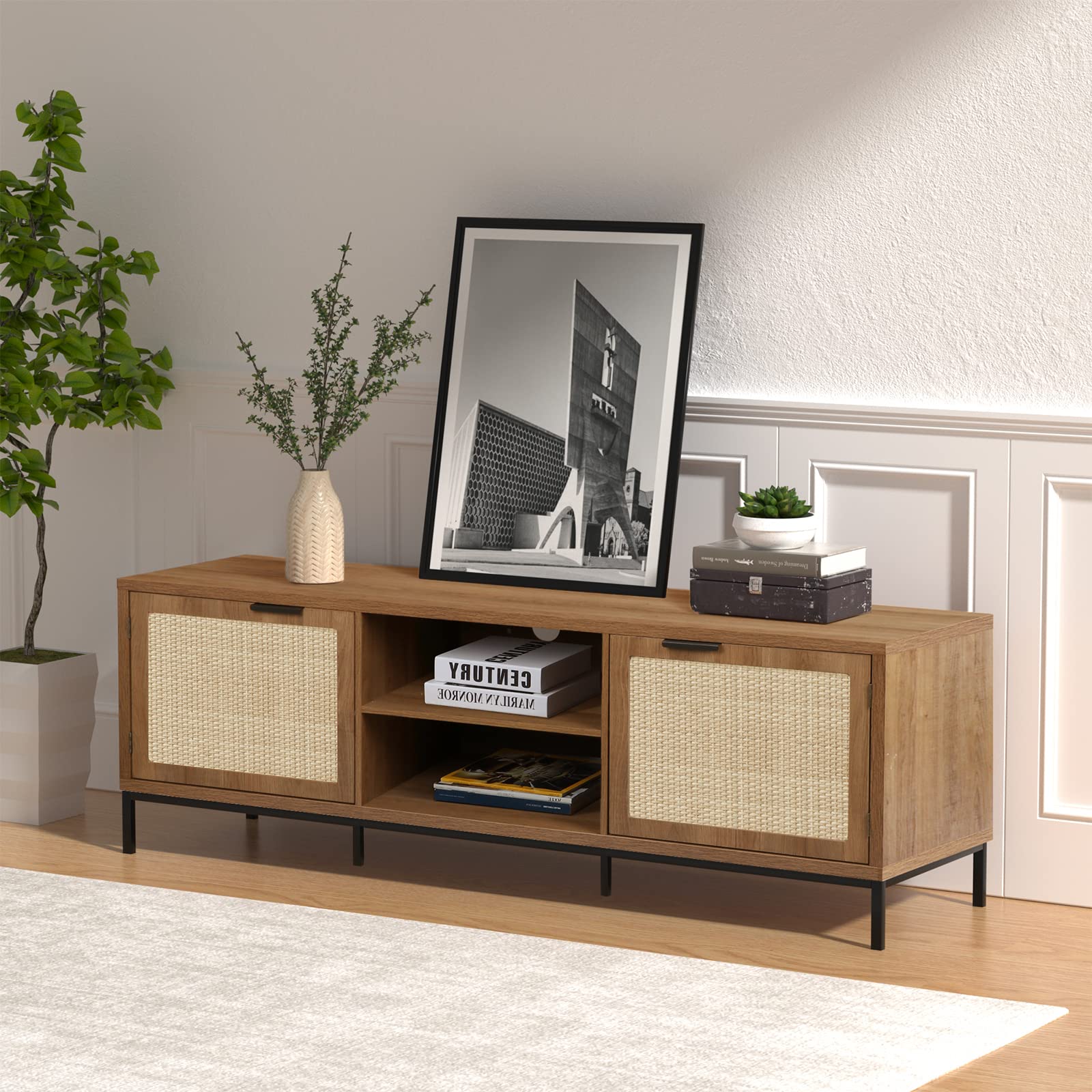 Anmytek Farmhouse Rattan TV Stand for 65 Inch TV - Rustic TV Console Table with 2 Rattan Doors - Modern Entertainment Center for Living Room & Bedroom - Perfect for Farmhouse Decor & Cozy Home Theater Setup (H0033)